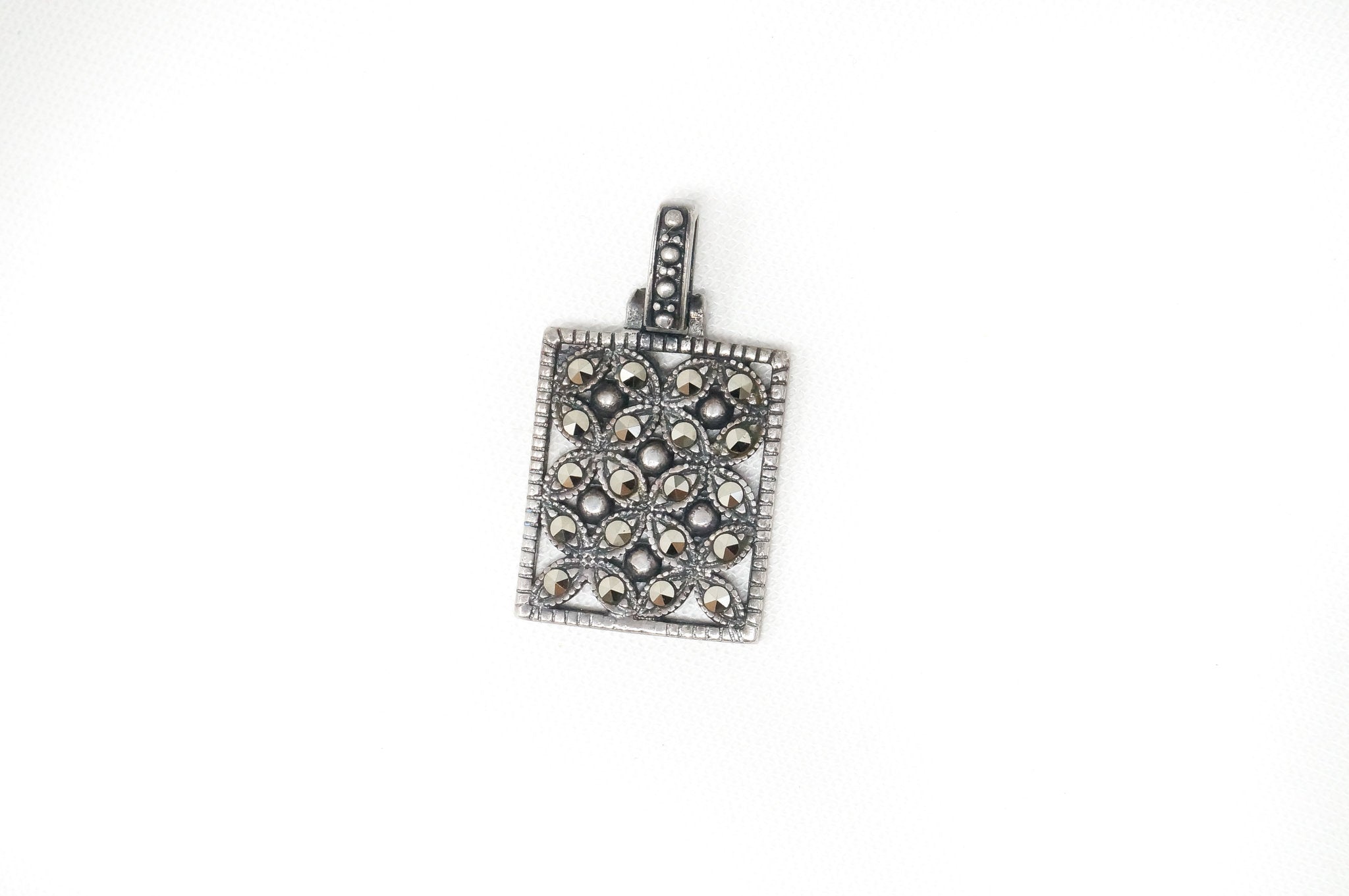 Vintage Designer BOMA Marcasite Sterling Silver Square Necklace Pendant