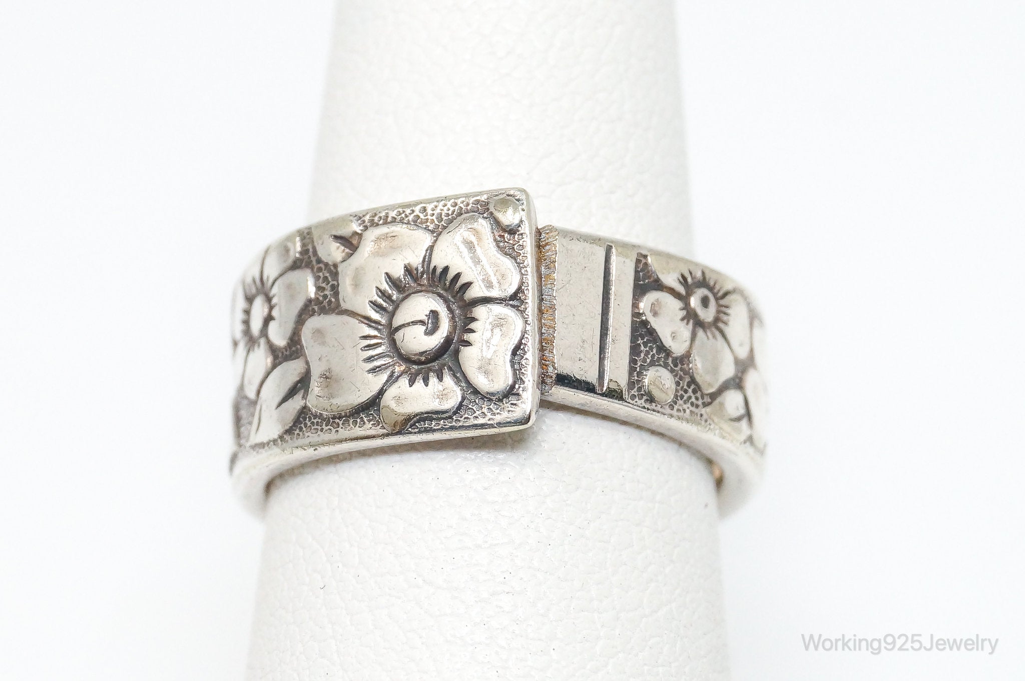 Antique Repousse Floral Wrap Sterling Silver Spoon Ring - Size 5.75