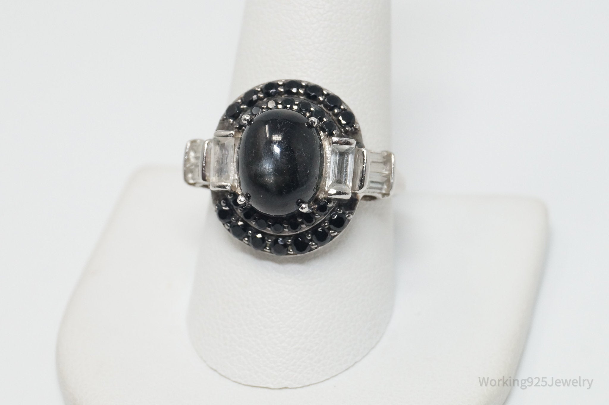 Vintage Black Gemstone Sapphire CZ Sterling Silver Ring - Sz 10