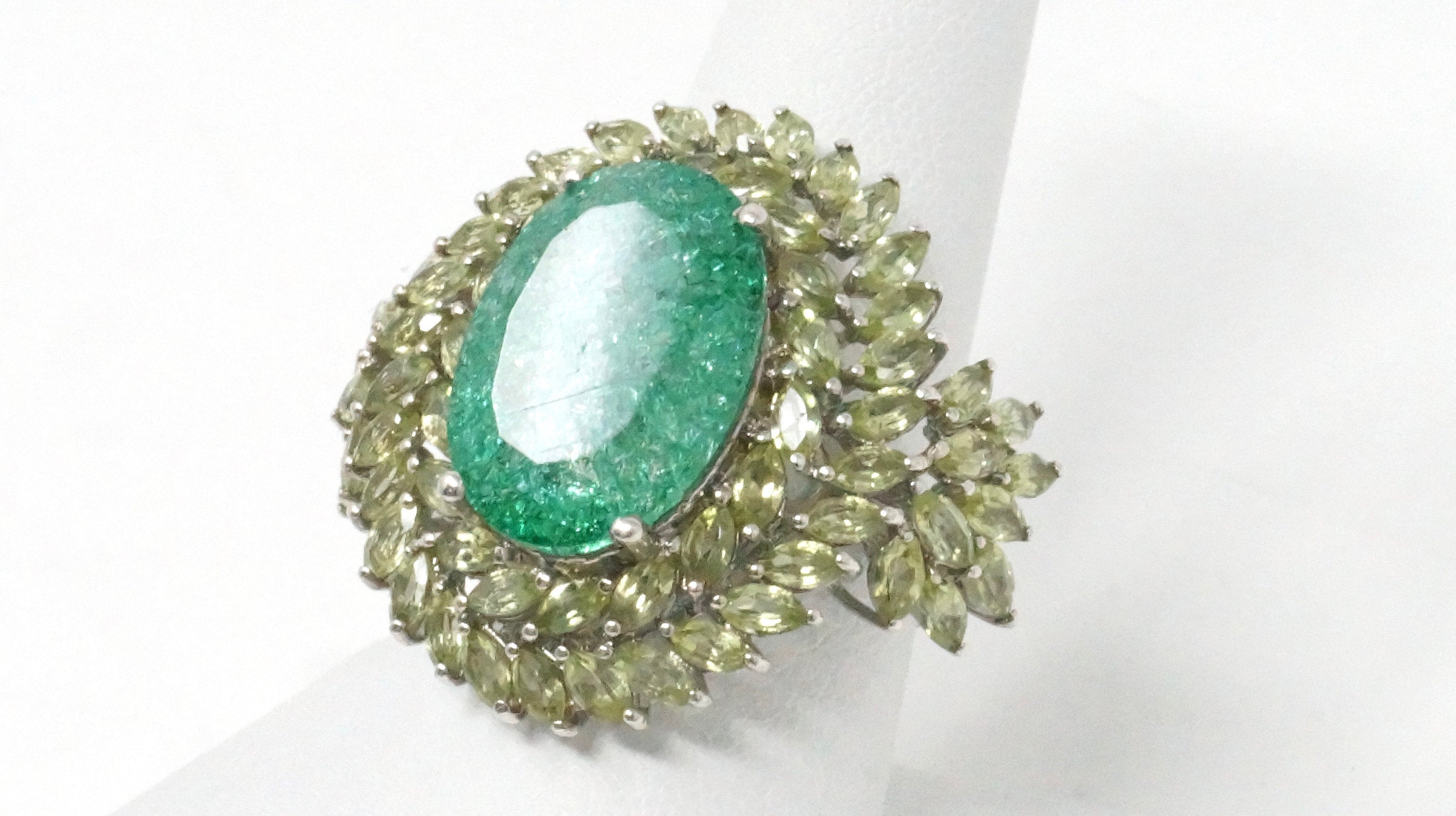 Vintage Emerald and Cubic Zirconia Sterling Silver Statement Ring - Size 9