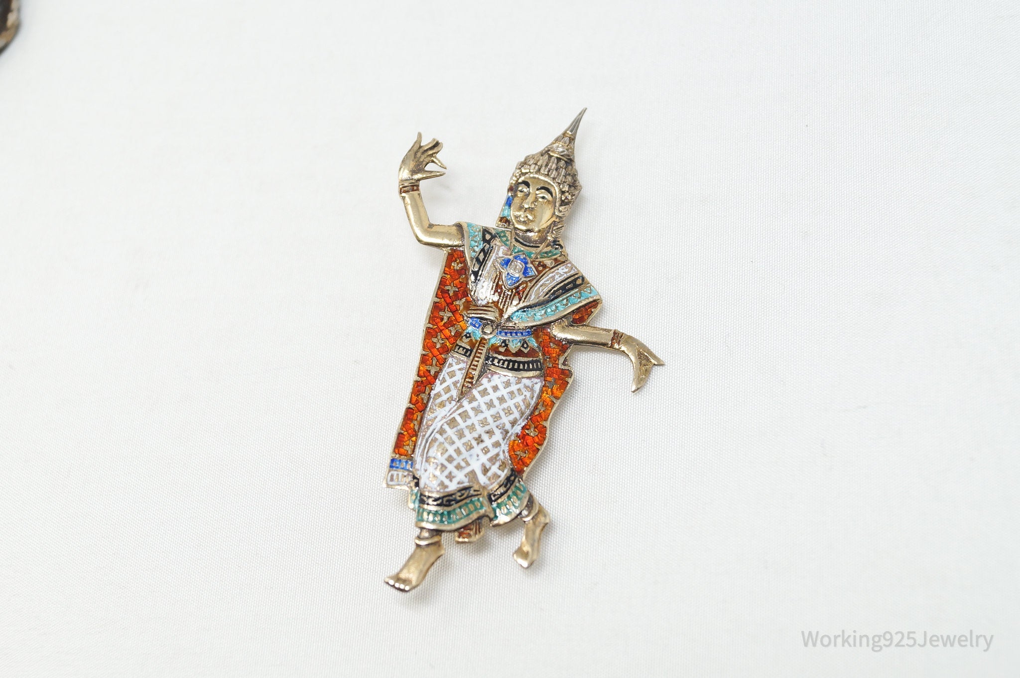 Large Vintage Designer SIAM NIELLO Dancer Enamel Sterling Silver Brooch Pin