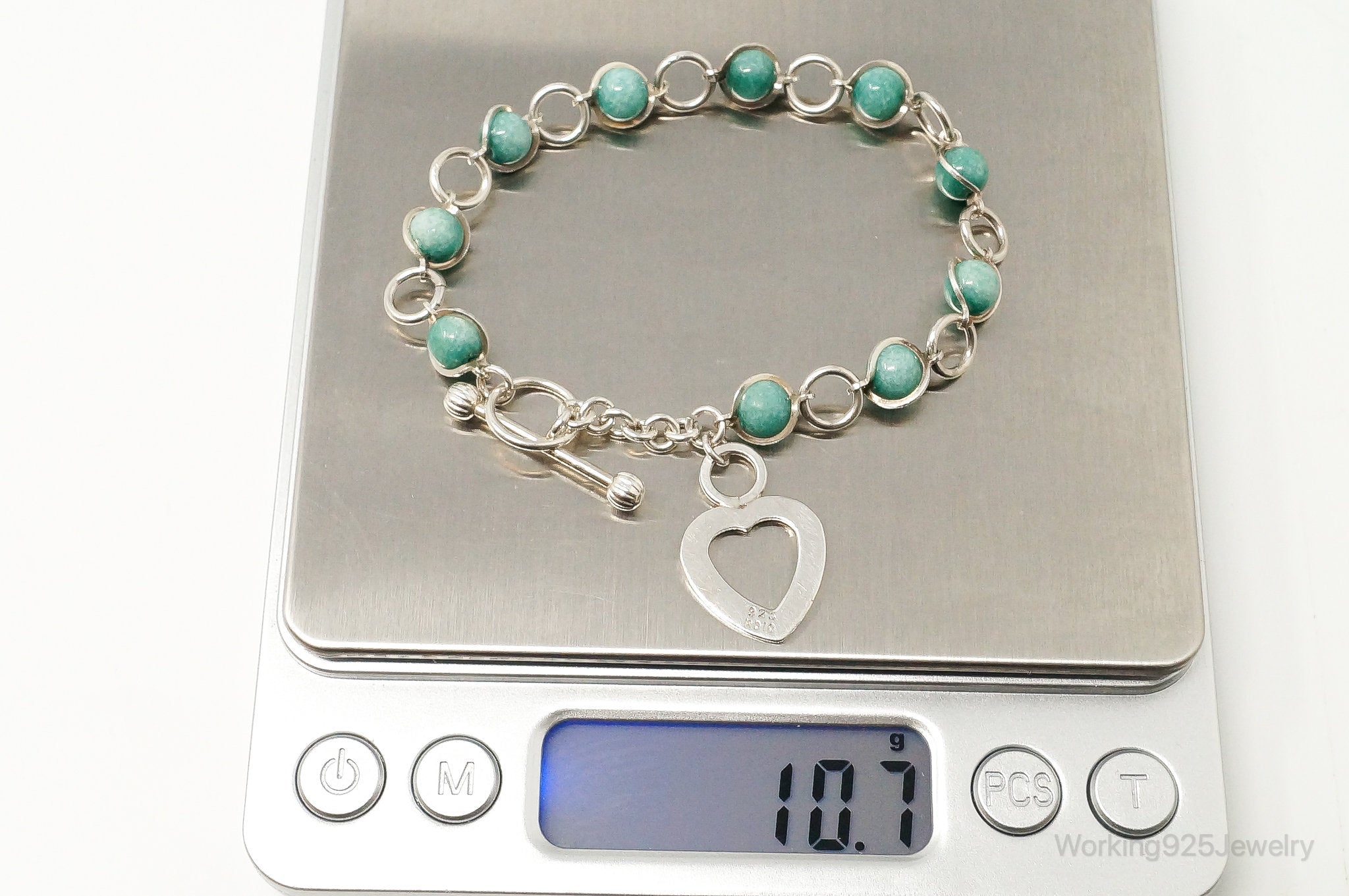 Vintage Amazonite Beads Sterling Silver Heart Charm Toggle Bracelet