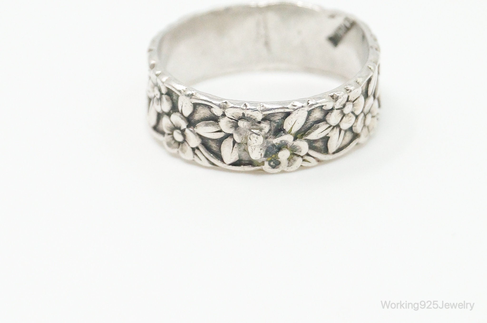 Antique Flowers Sterling Silver Band Ring - Size 6