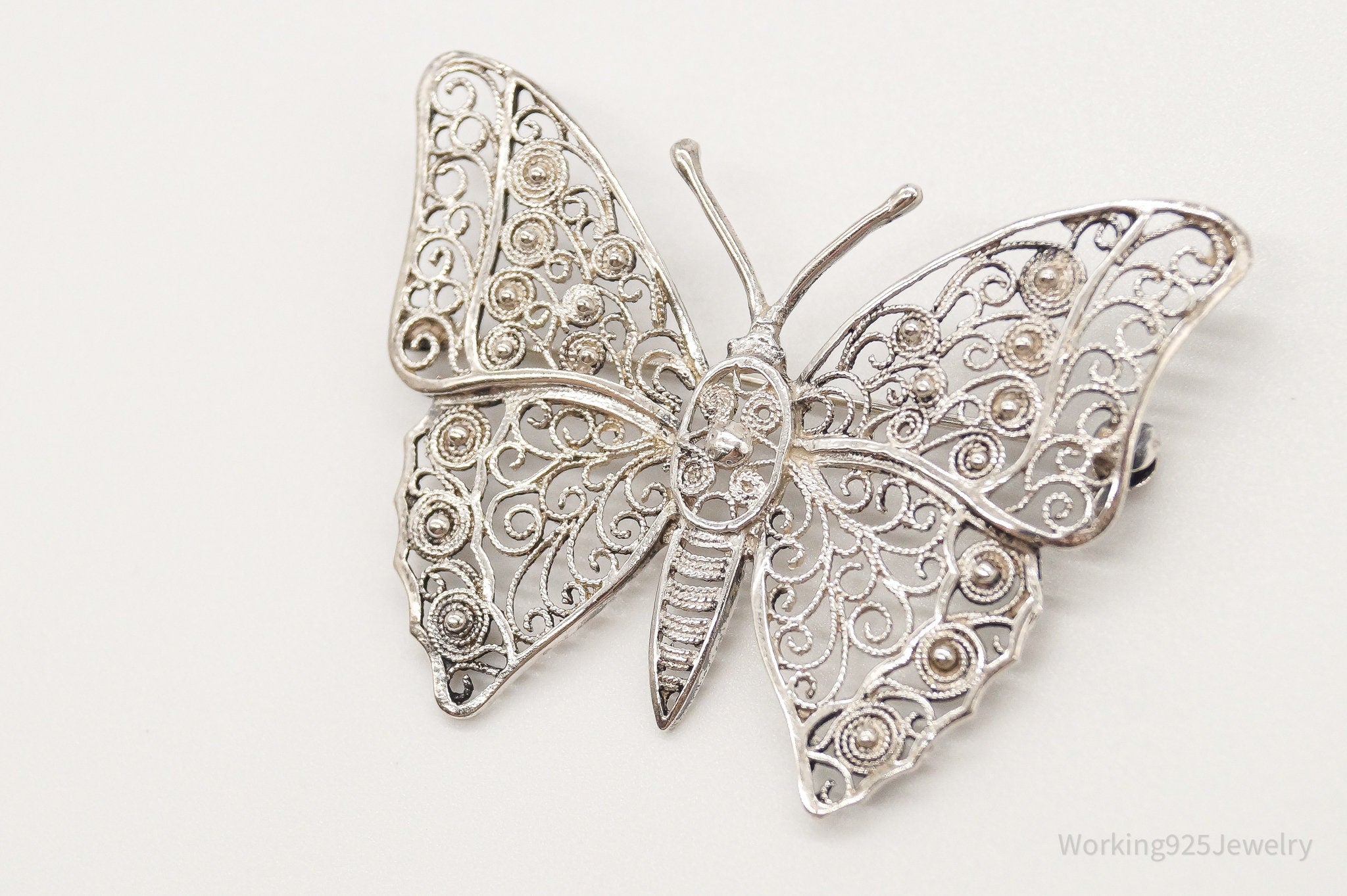 Large Antique Filigree Butterfly Sterling Silver Brooch Pin