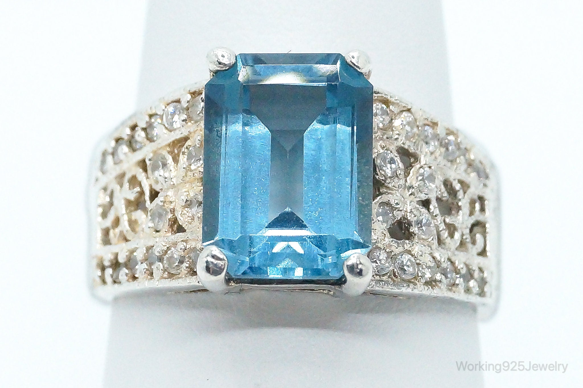 Vintage Blue Topaz Cubic Zirconia Sterling Silver Ring - Size 8.25