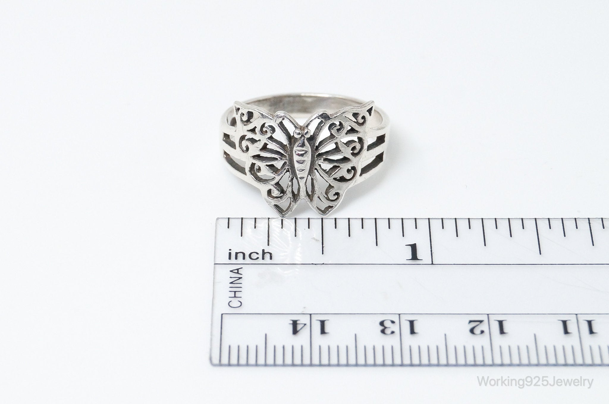 Vintage Butterfly Scroll Sterling Silver Ring - Size 8.75