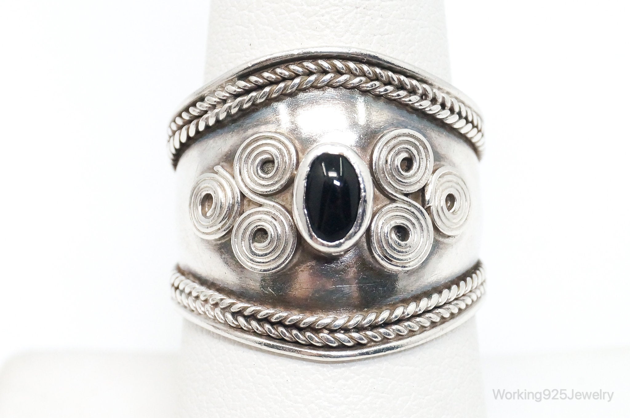 Vintage Bali Style Black Onyx Sterling Silver Ring - Size 8.25