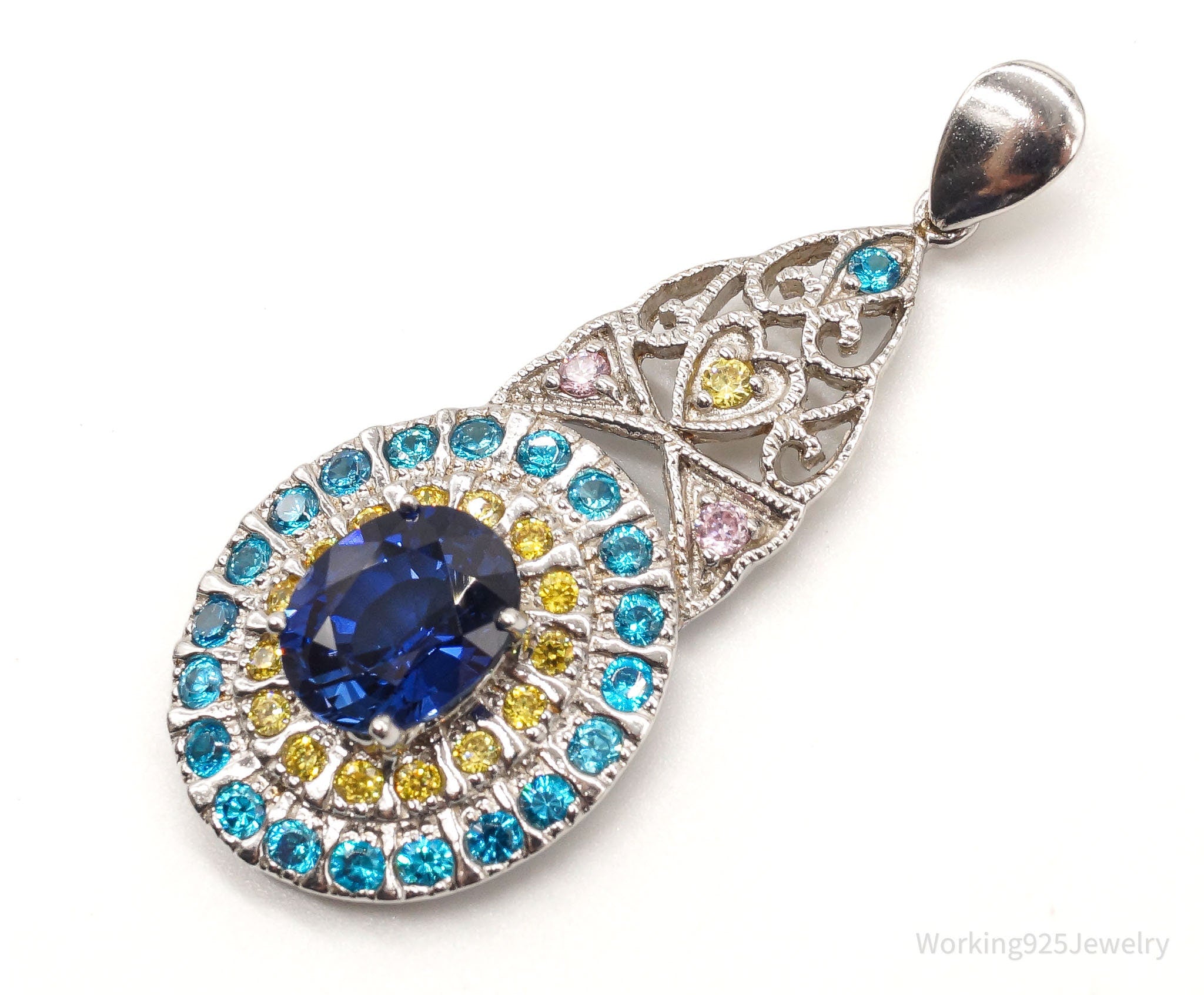 Large Lab Sapphire Multi Color CZ Rhodium Over Sterling Silver Pendant