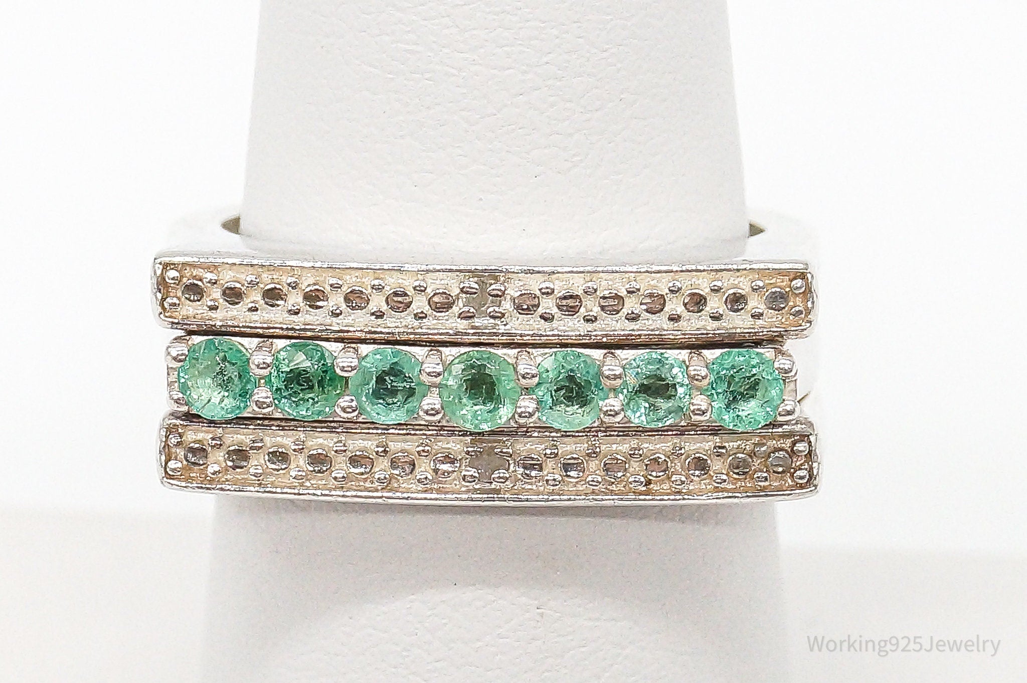 Vintage Emerald 2 Diamond Sterling Silver Ring - Size 7.25