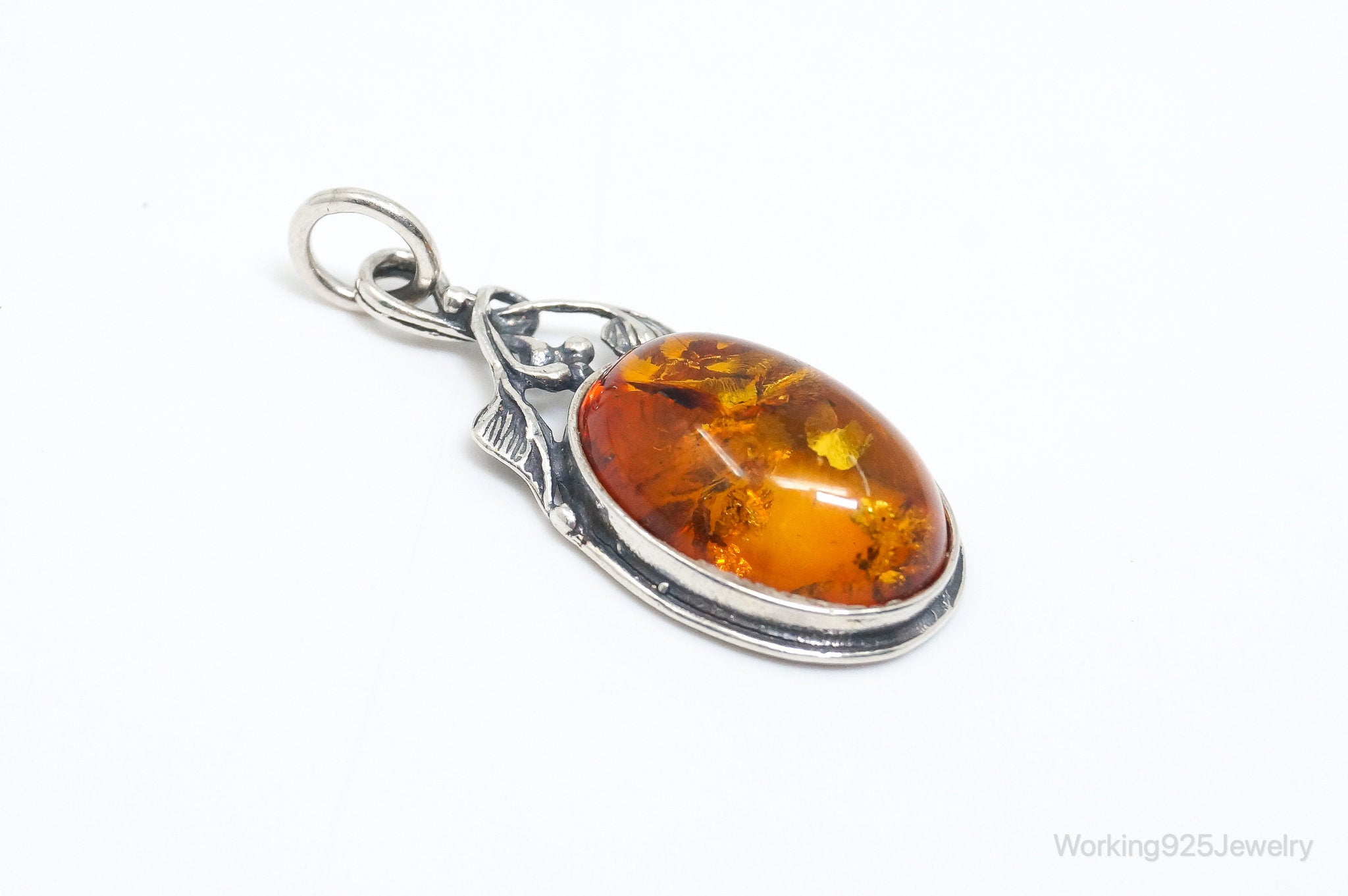 Vintage Amber Modernist Sterling Silver Necklace Pendant