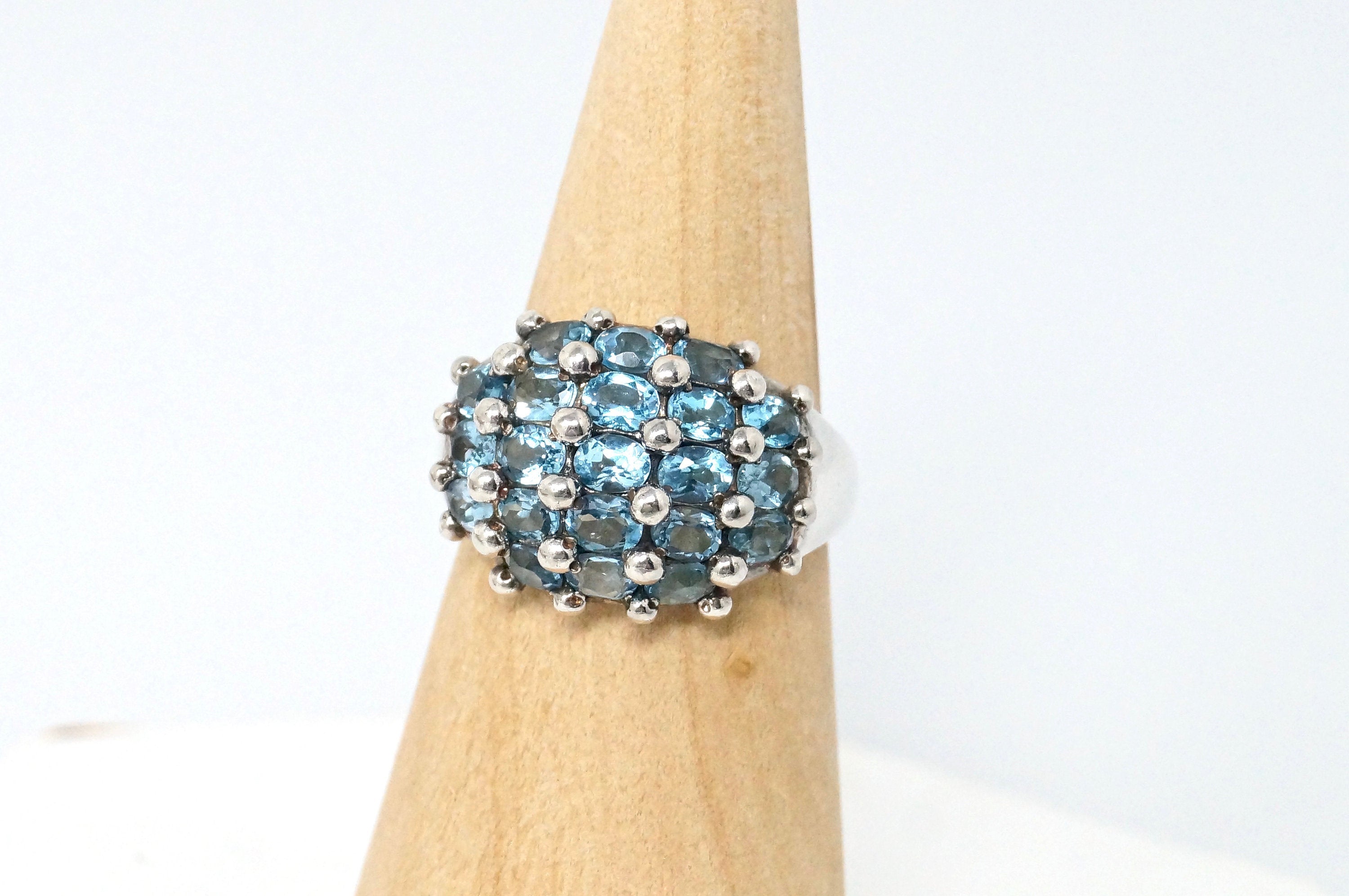 Vintage Cluster Style Blue Topaz Statement Sterling Silver Ring - Size 10