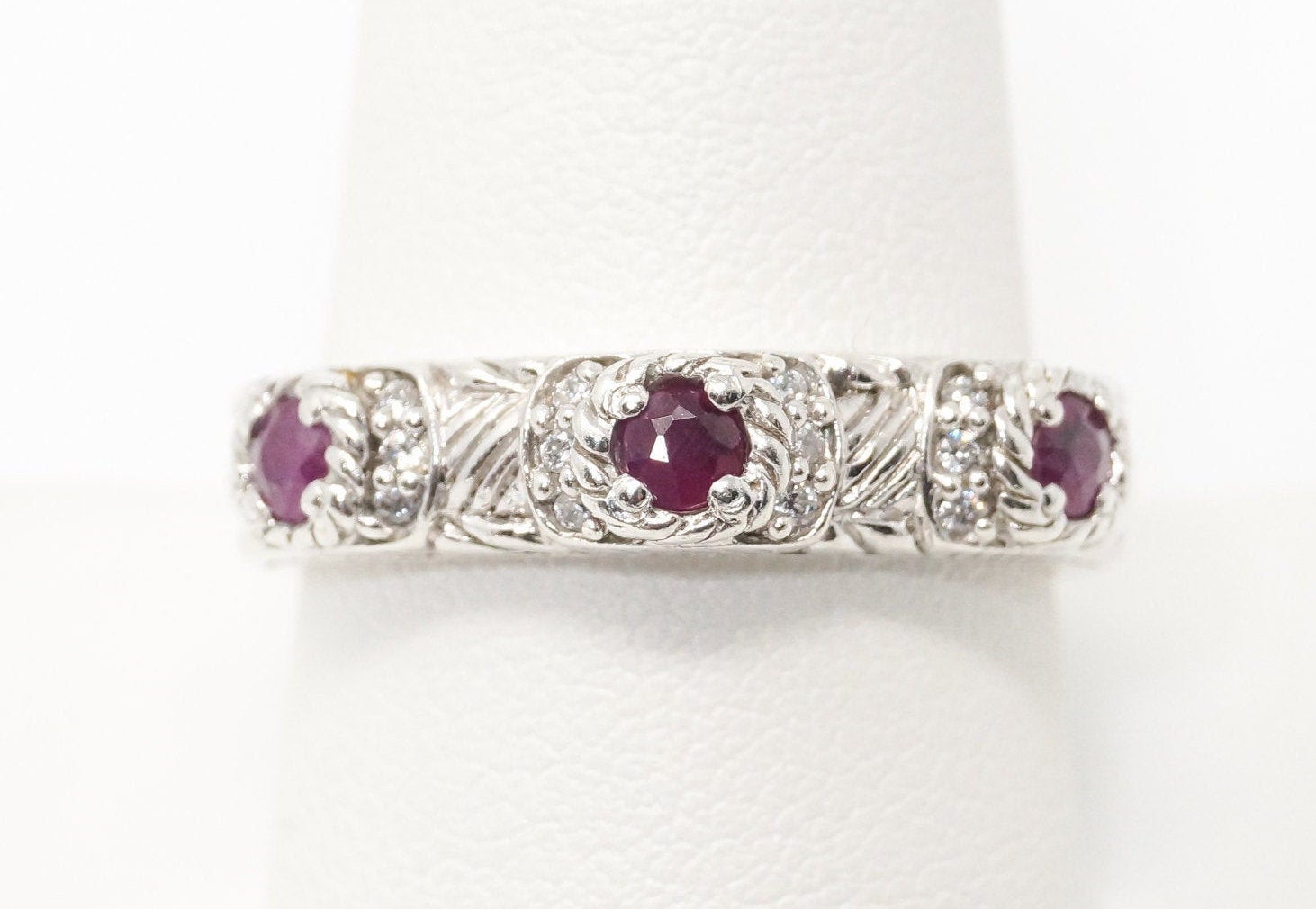 Vintage Designer Judith Ripka Ruby CZ Cable Sterling Silver Ring - Size 10