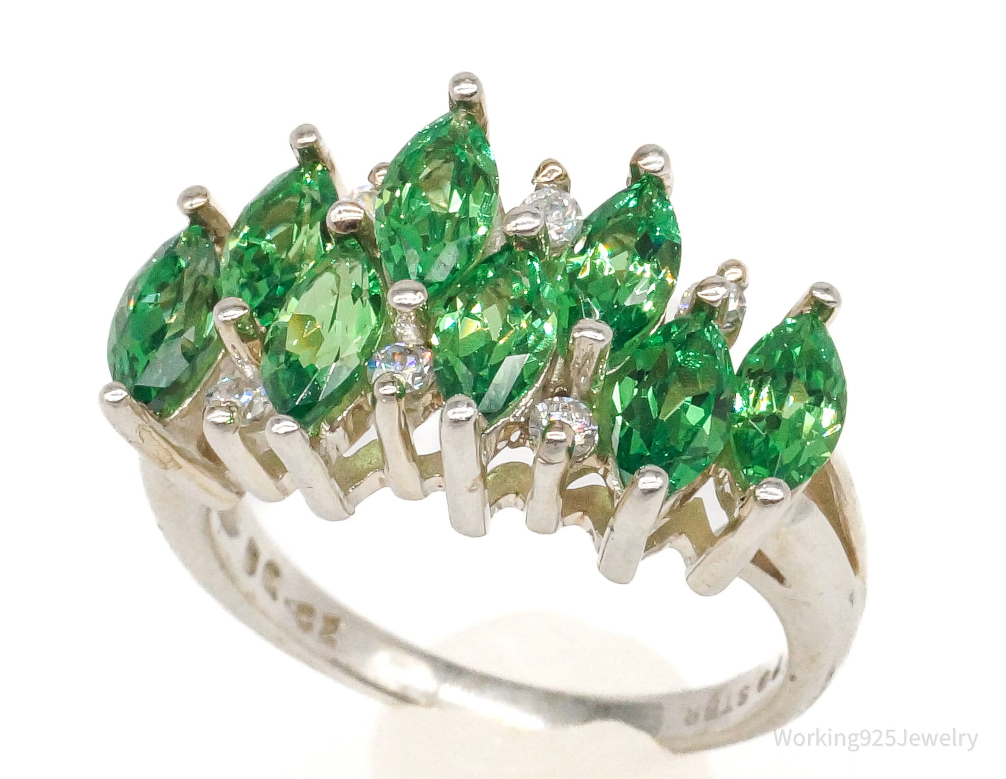 Vintage Green & White Cubic Zirconia Sterling Silver Ring - Size 5