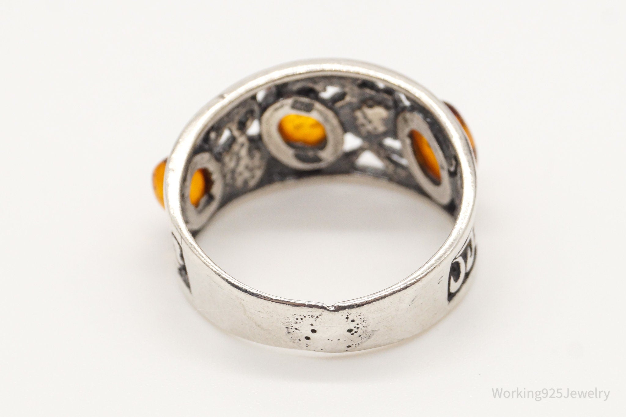 Vintage Baltic Amber Flowers Vines Sterling Silver Ring - Size 6.25