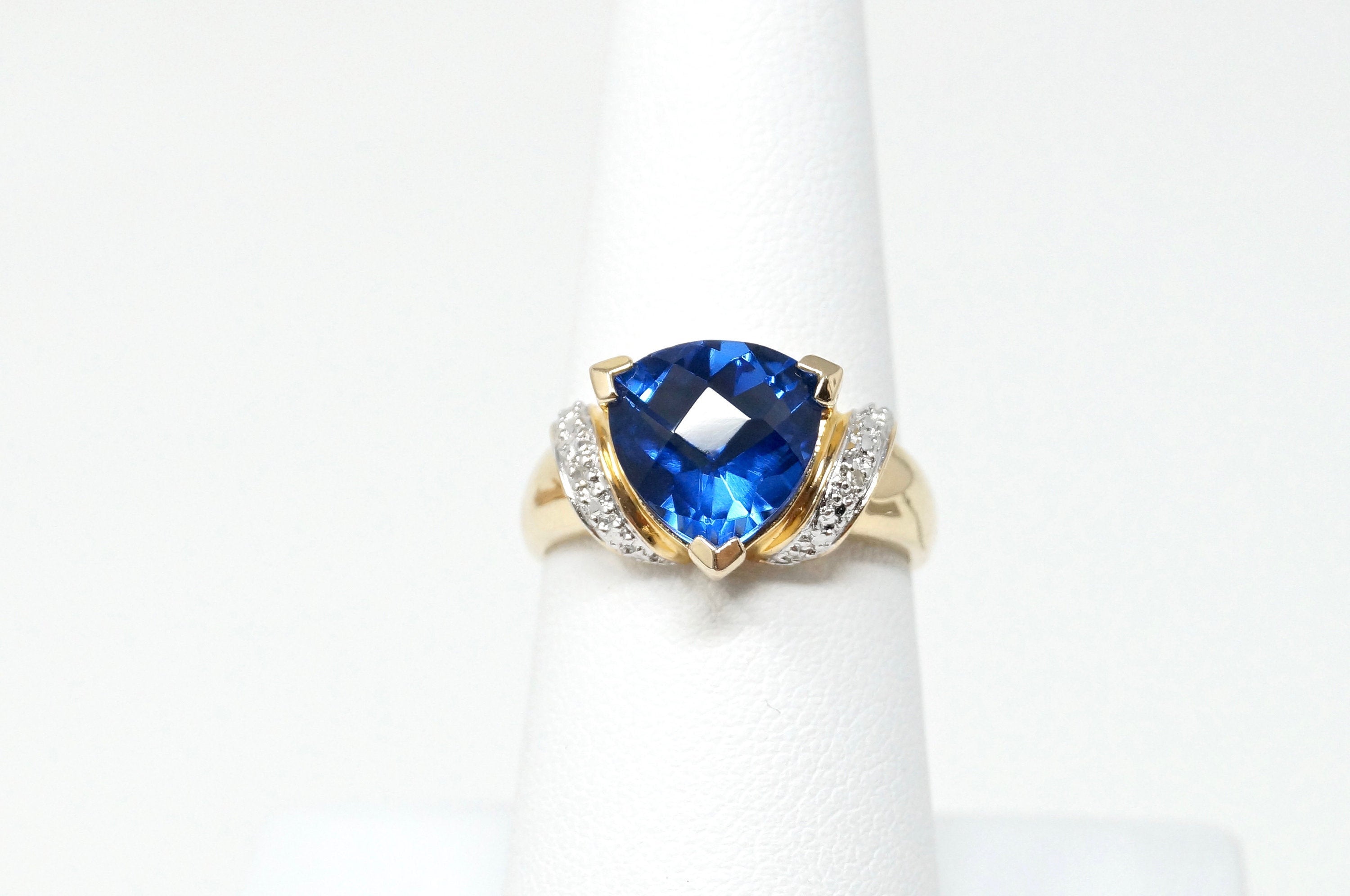 Vintage Blue Crystal Art Deco Style Gold Wash Sterling Silver Ring Size 7