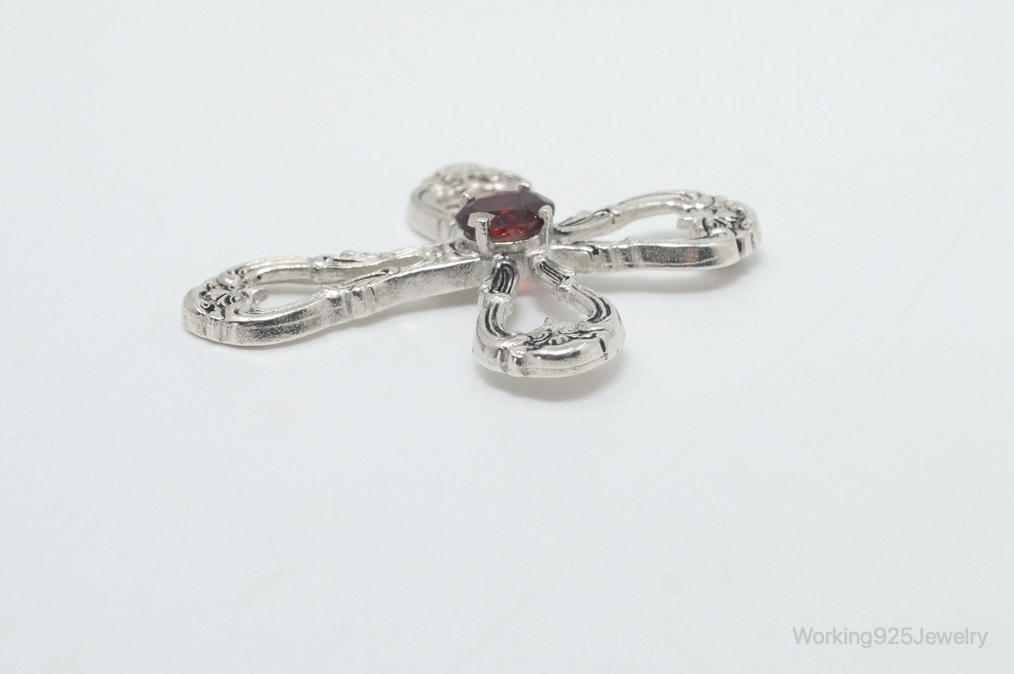 Vintage Designer Gorham Garnet Ornate Sterling Silver Cross Necklace Pendant