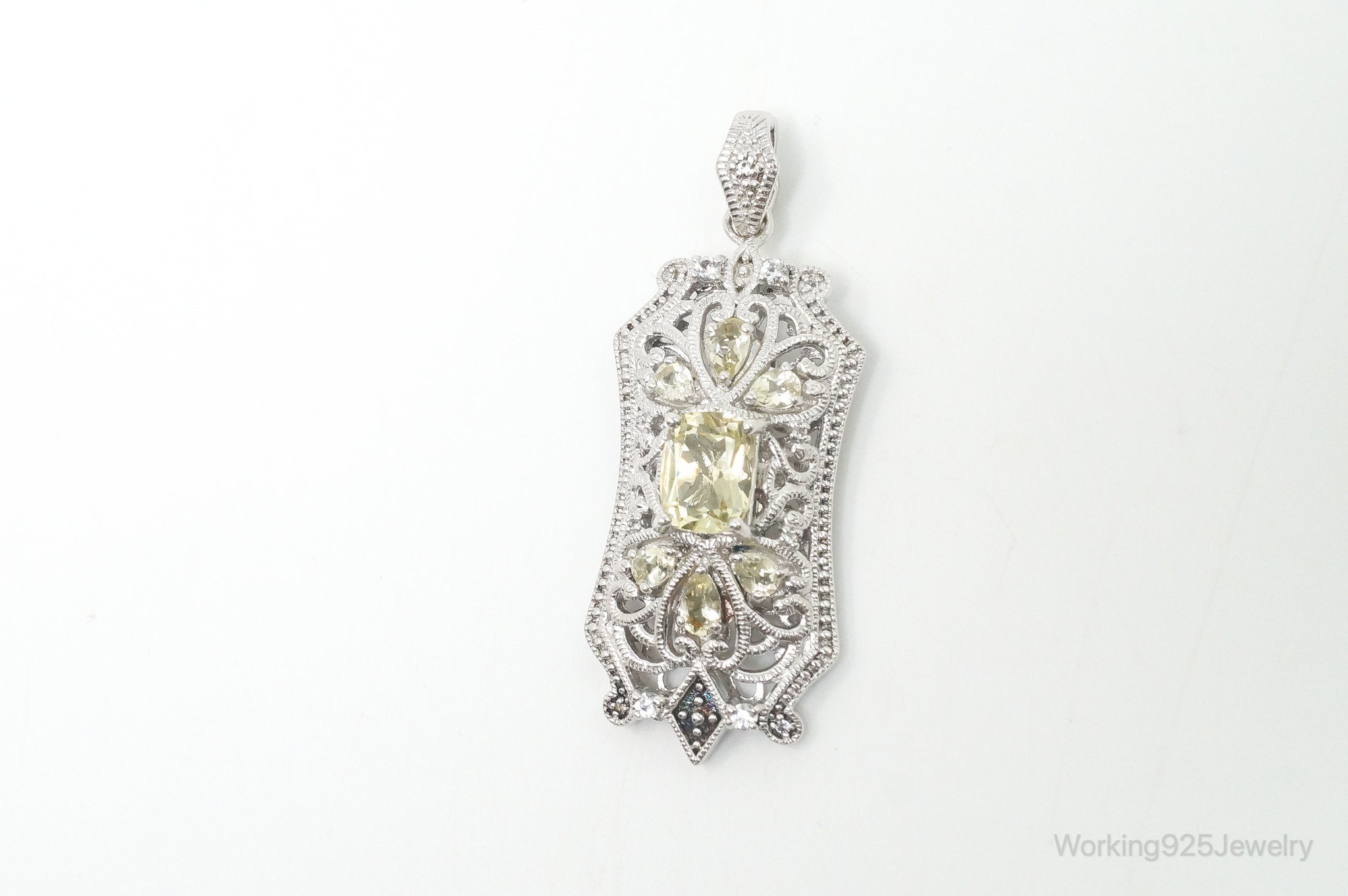 Vintage Art Deco Cubic Zirconia Peridot Sterling Silver Necklace Pendant