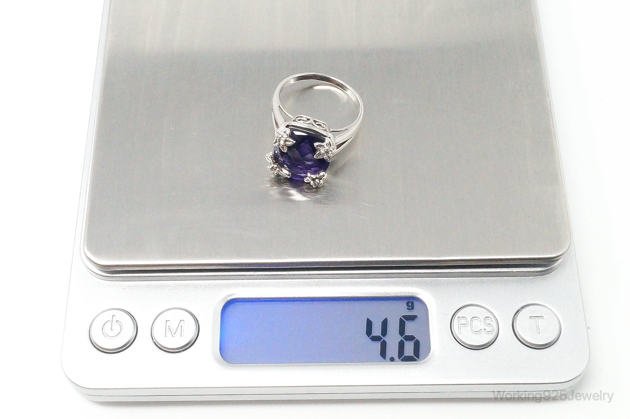 Vintage Large Amethyst Cubic Zirconia Sterling Silver Ring Size 7.25