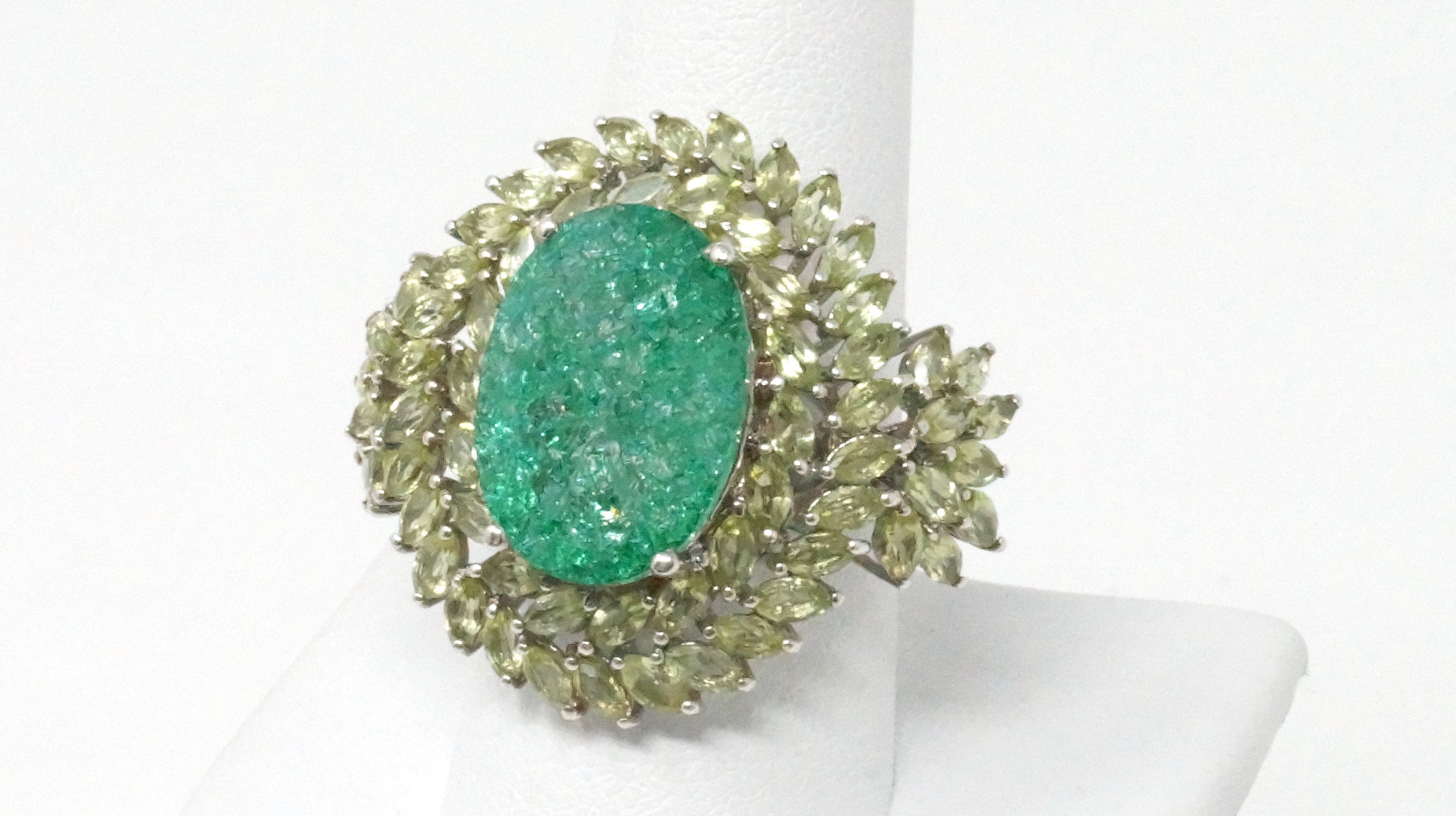 Vintage Emerald and Cubic Zirconia Sterling Silver Statement Ring - Size 9