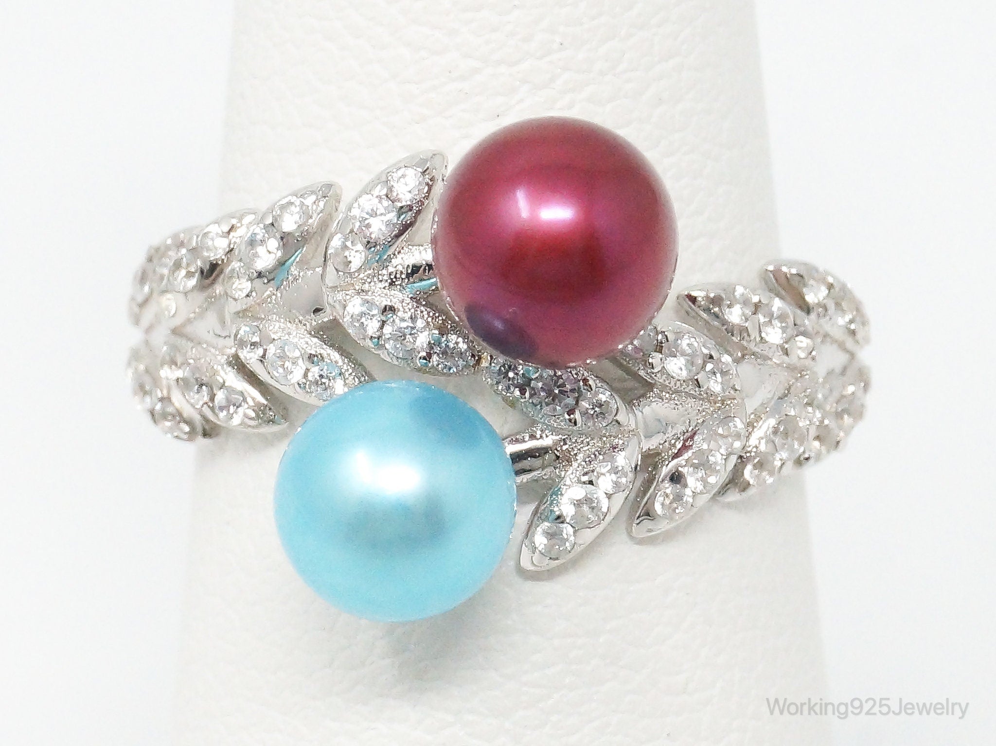 Lab Pearls Cubic Zirconia Sterling Silver Ring Size - 6.25 Adjustable