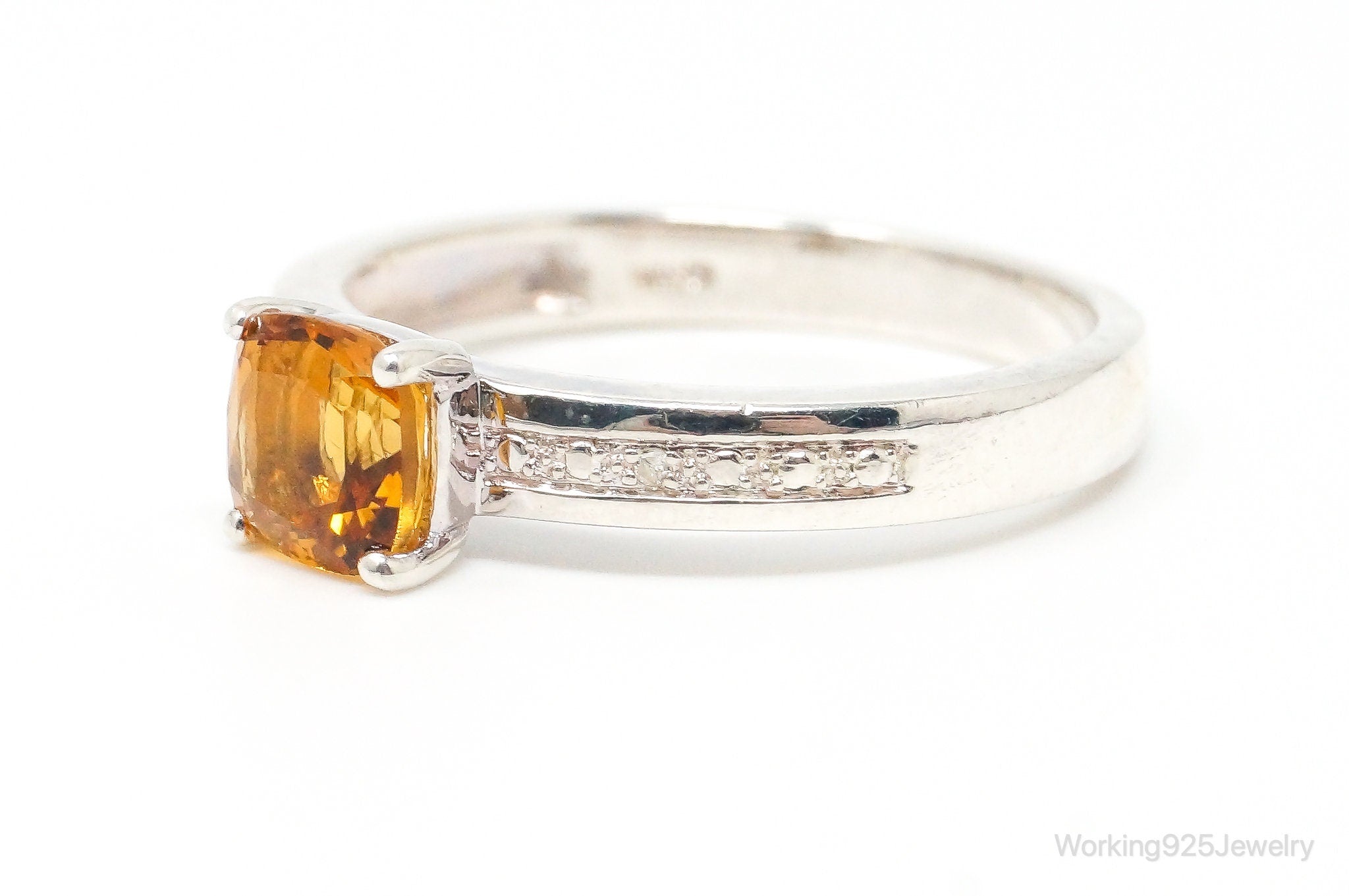 Vintage Cushion Solitaire Citrine 2 Diamond Sterling Silver Ring Size 9