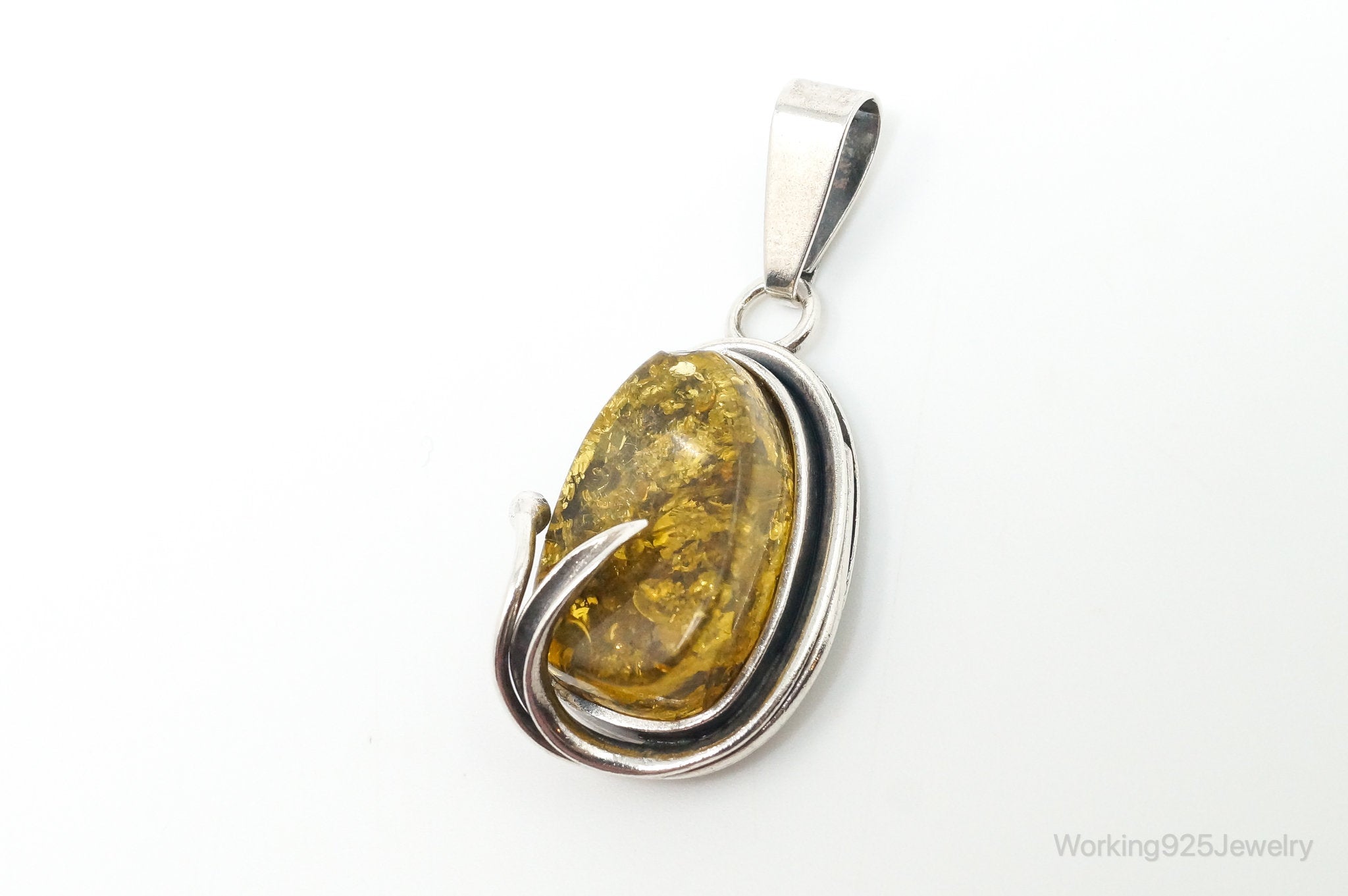 Vintage Honey Amber Modernist Sterling Silver Necklace Pendant