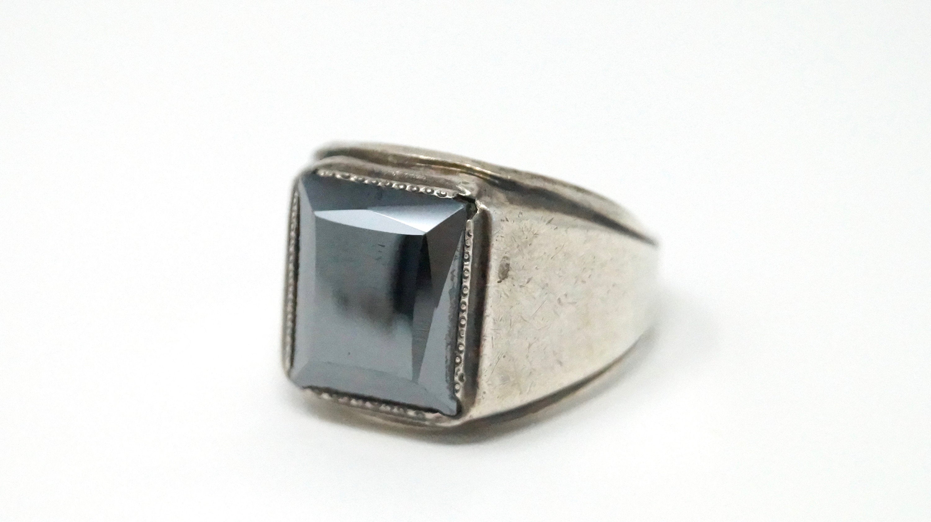 Vintage Designer Signed Hematite Sterling Silver Ring - Size 12