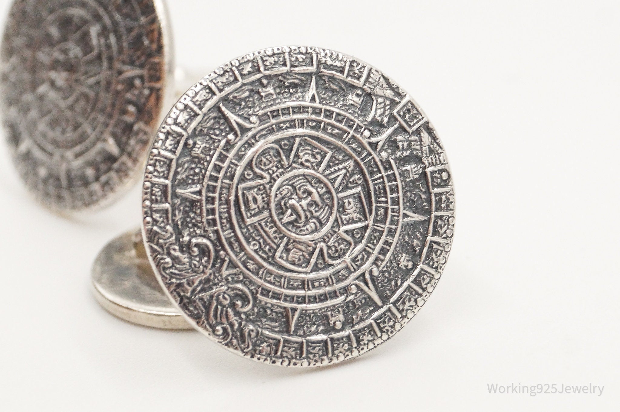 Large Vintage Mexico Mayan Calendar Sterling Silver Cufflinks