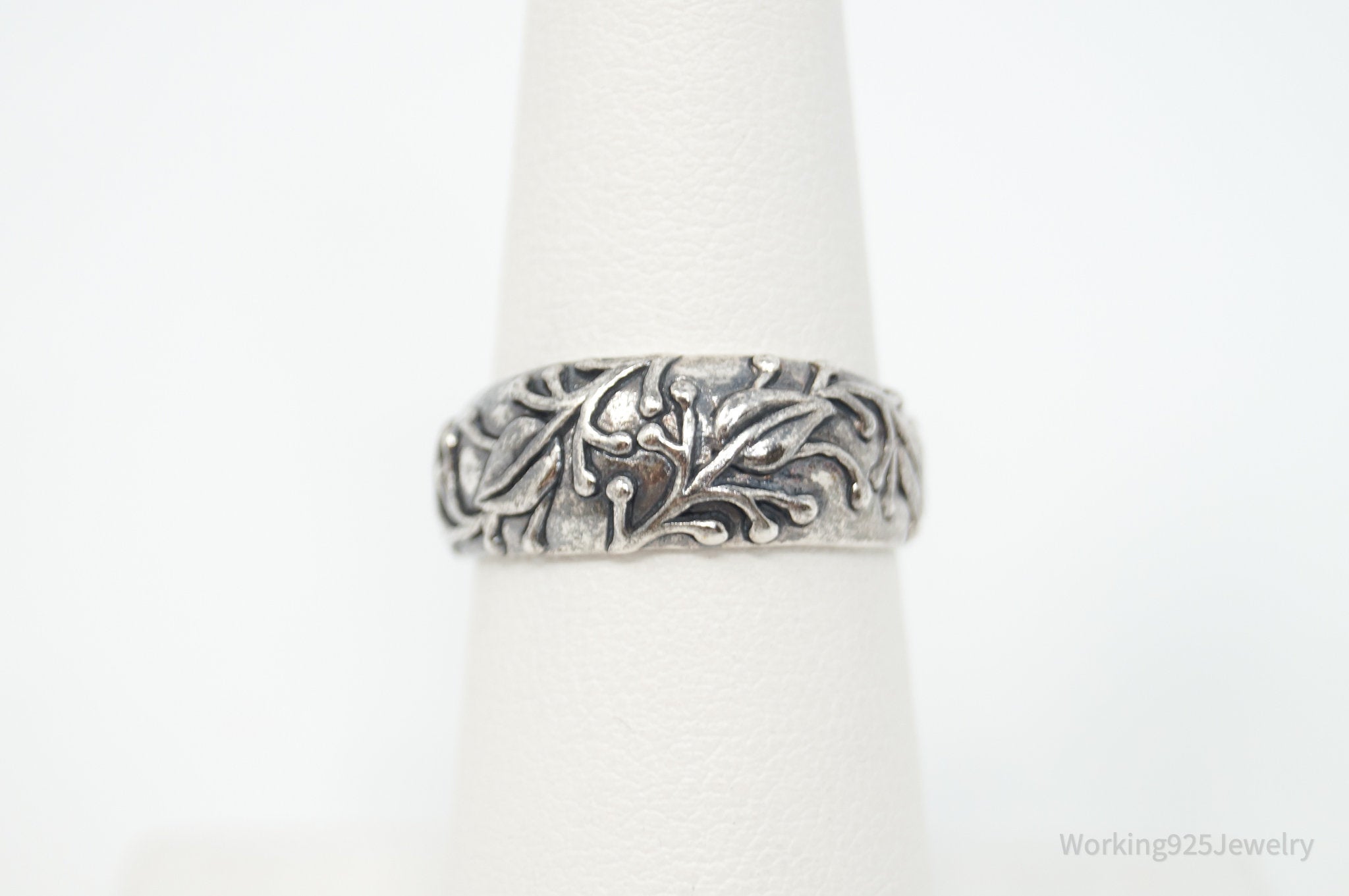 Vintage Designer JEZ Leaf Floral Design Sterling Silver Band Ring - Size 6.25