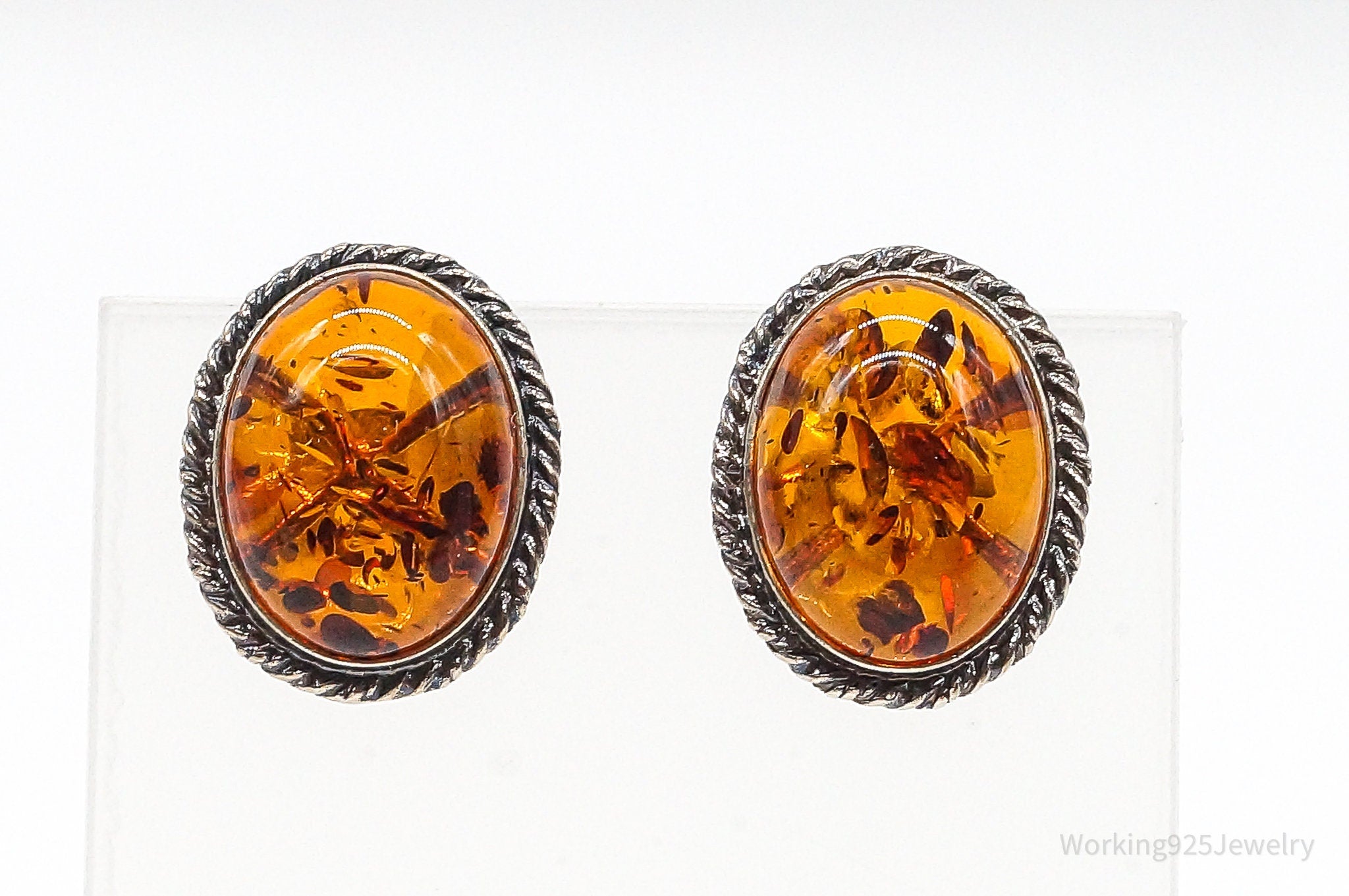 Vintage Amber Modernist Sterling Silver Earrings