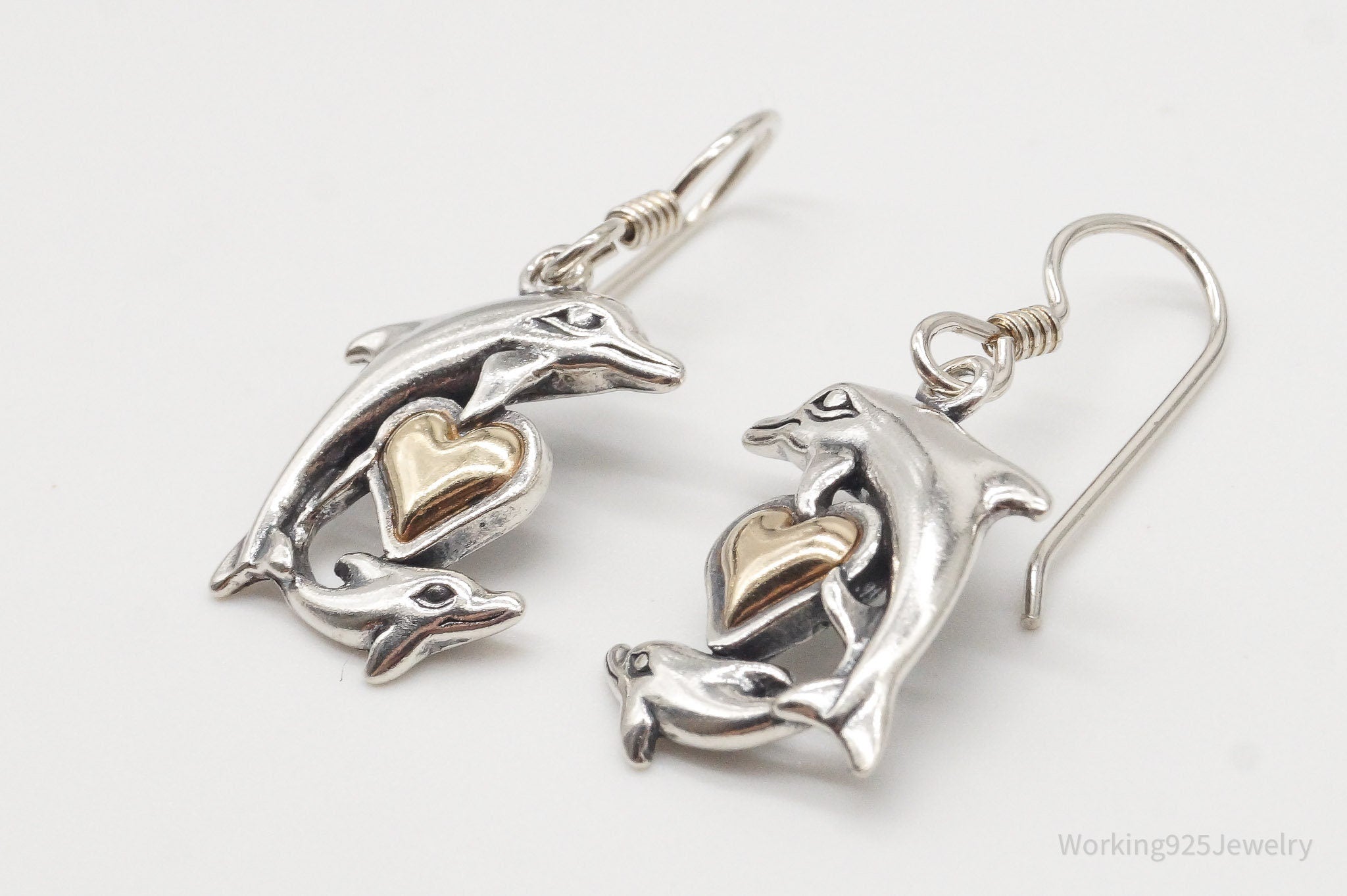 Vintage Designer Waldeck Johnson 14K Gold Heart Dolphin Sterling Silver Earrings