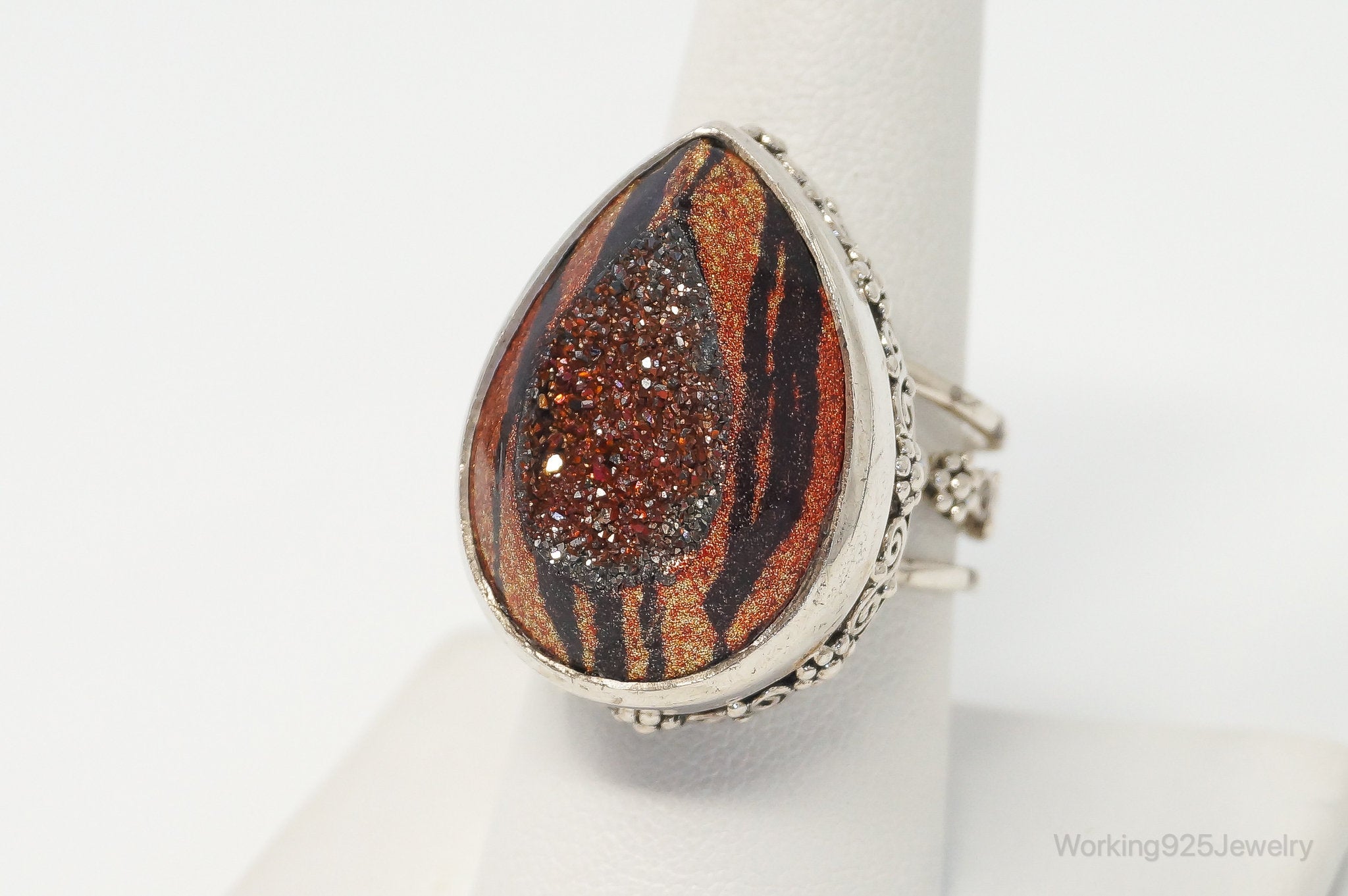 Designer Sajen Tiger Stripe Enamel Druzy Quartz Sterling Silver Ring SZ 8.5