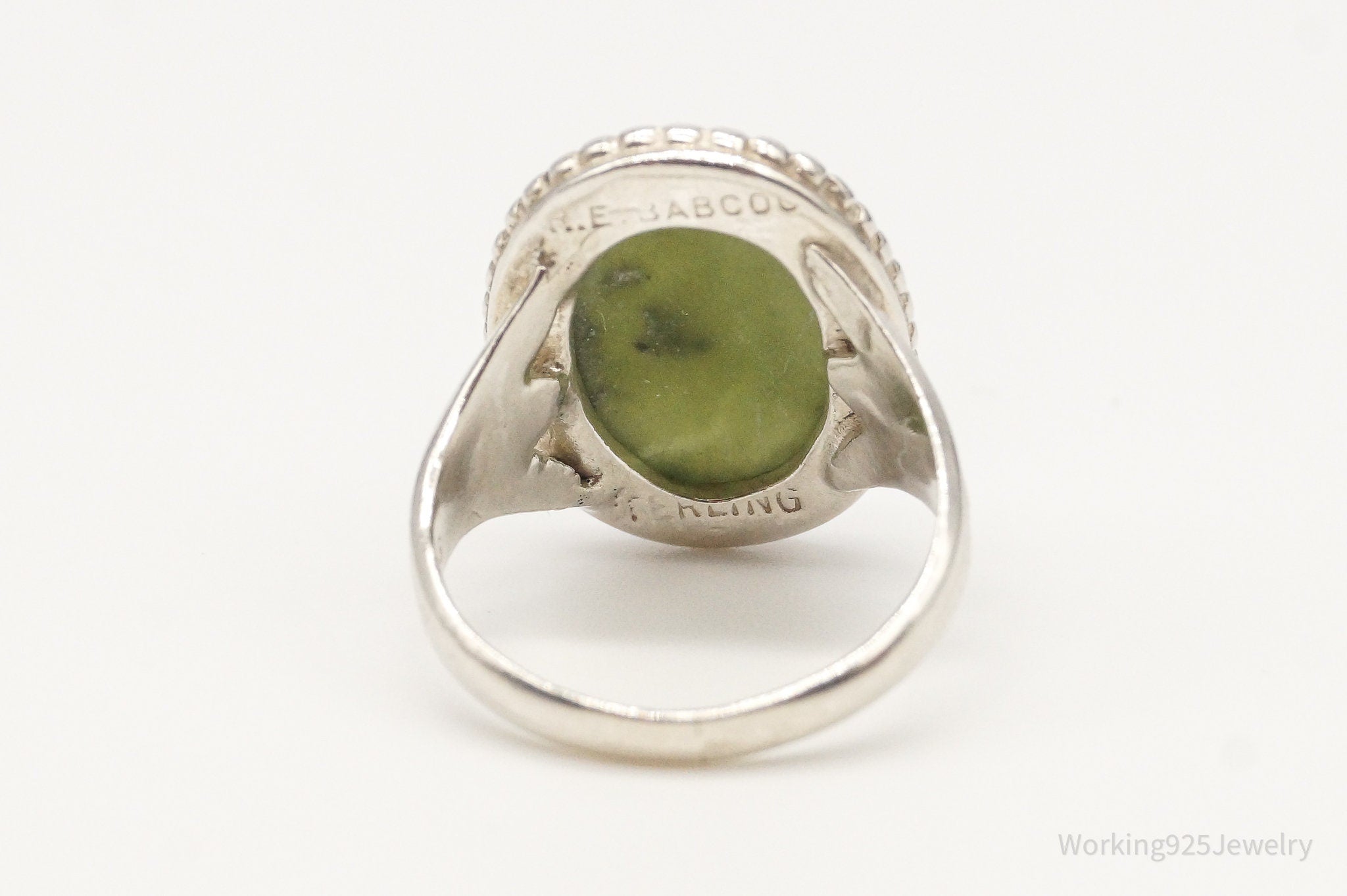 Rare Antique RE Babcock Nephrite Jade Sterling Silver Ring - Size 3.5