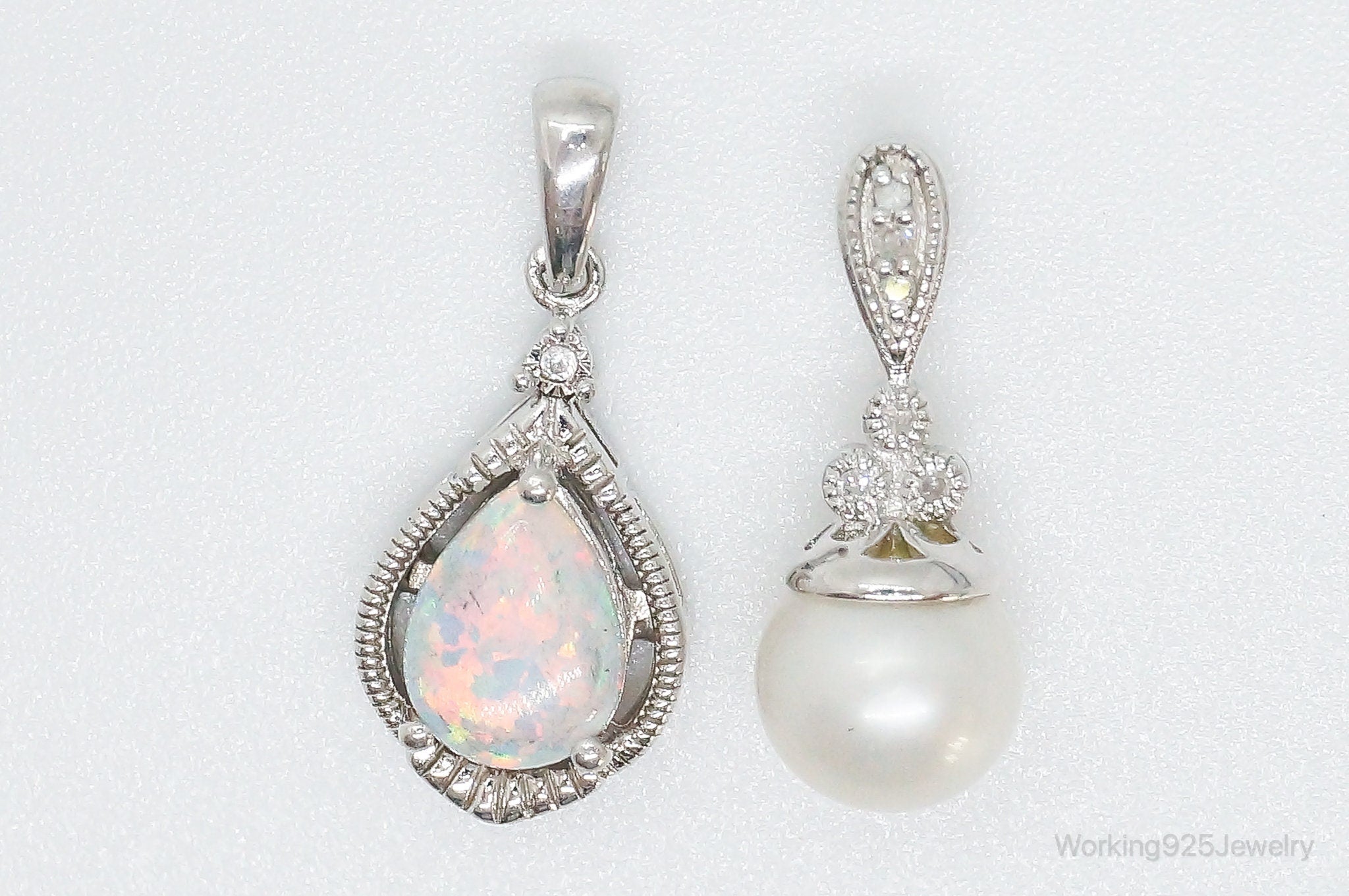 Vintage Designers Pearl Opal Diamond Sterling Silver Necklace Pendants