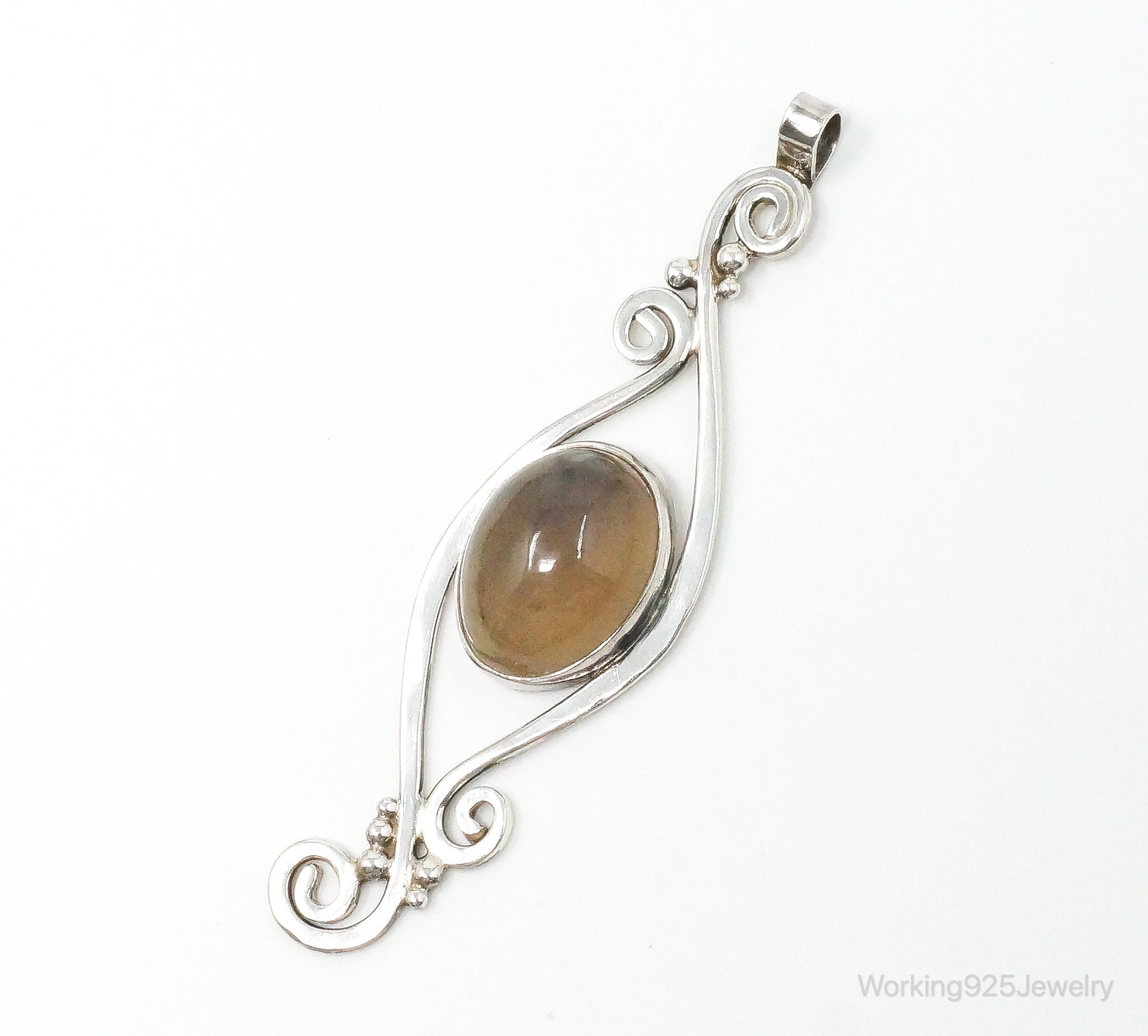 Large Vintage Brown Gemstone Sterling Silver Necklace Pendant