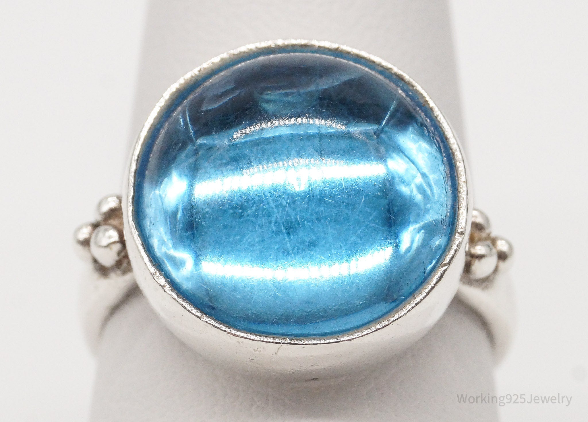 Vintage Large Blue Luminescent Faux Stone Sterling Silver Ring - Size 8.75