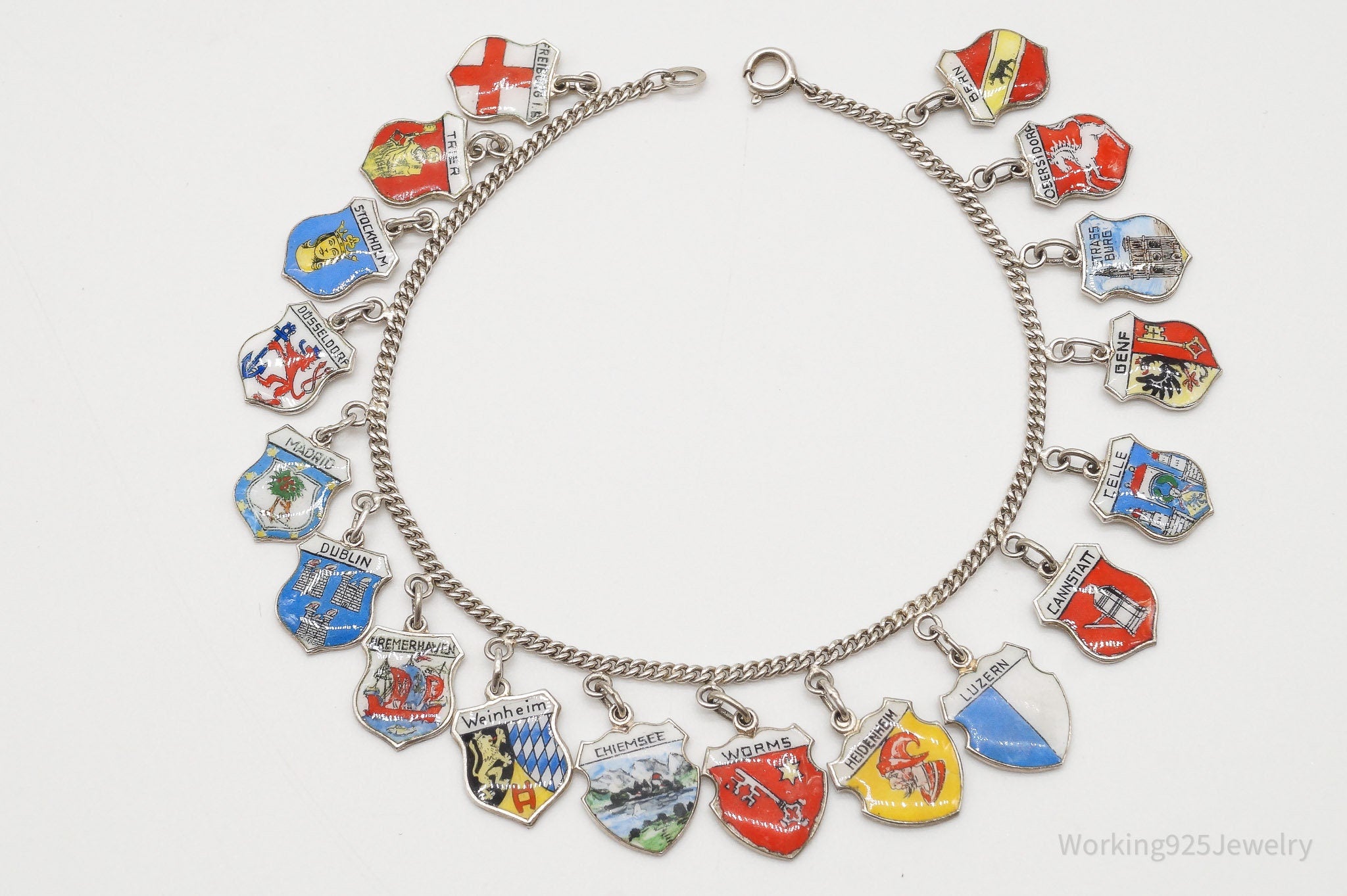 Antique Vintage Enamel Travel 800 / 835 Silver Charms Silver Bracelet