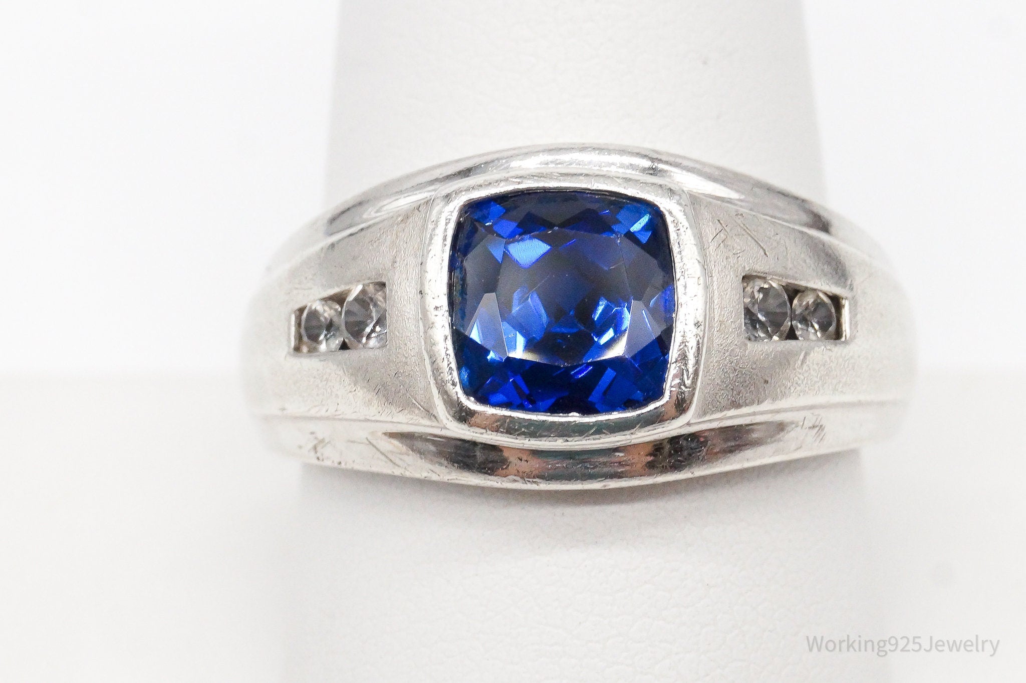 Vintage Lab Sapphire Cubic Zirconia Sterling Silver Ring - Size 9.75