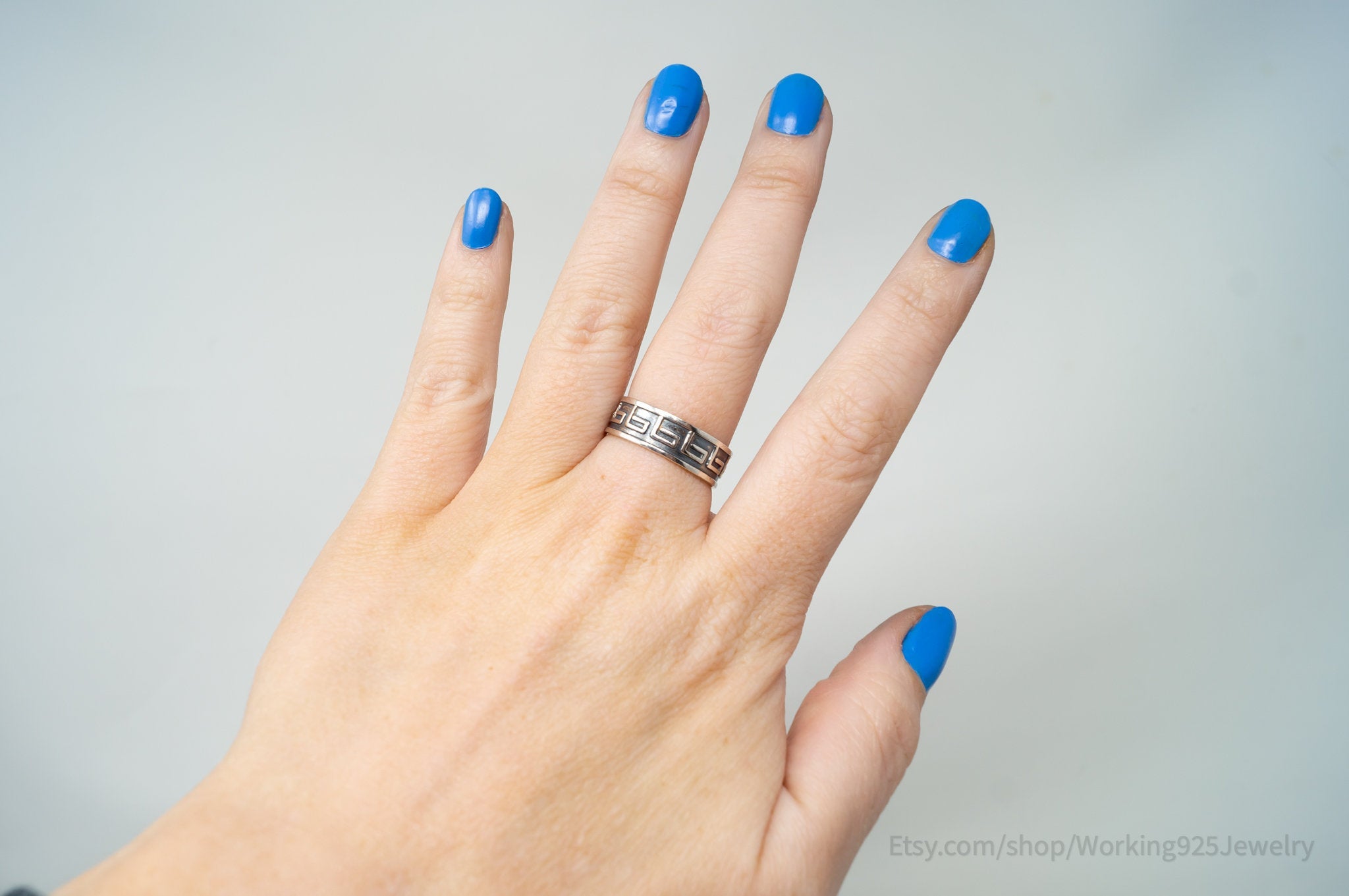 Vintage Greek Key Design Oxidized Sterling Silver Band Ring - Sz 9