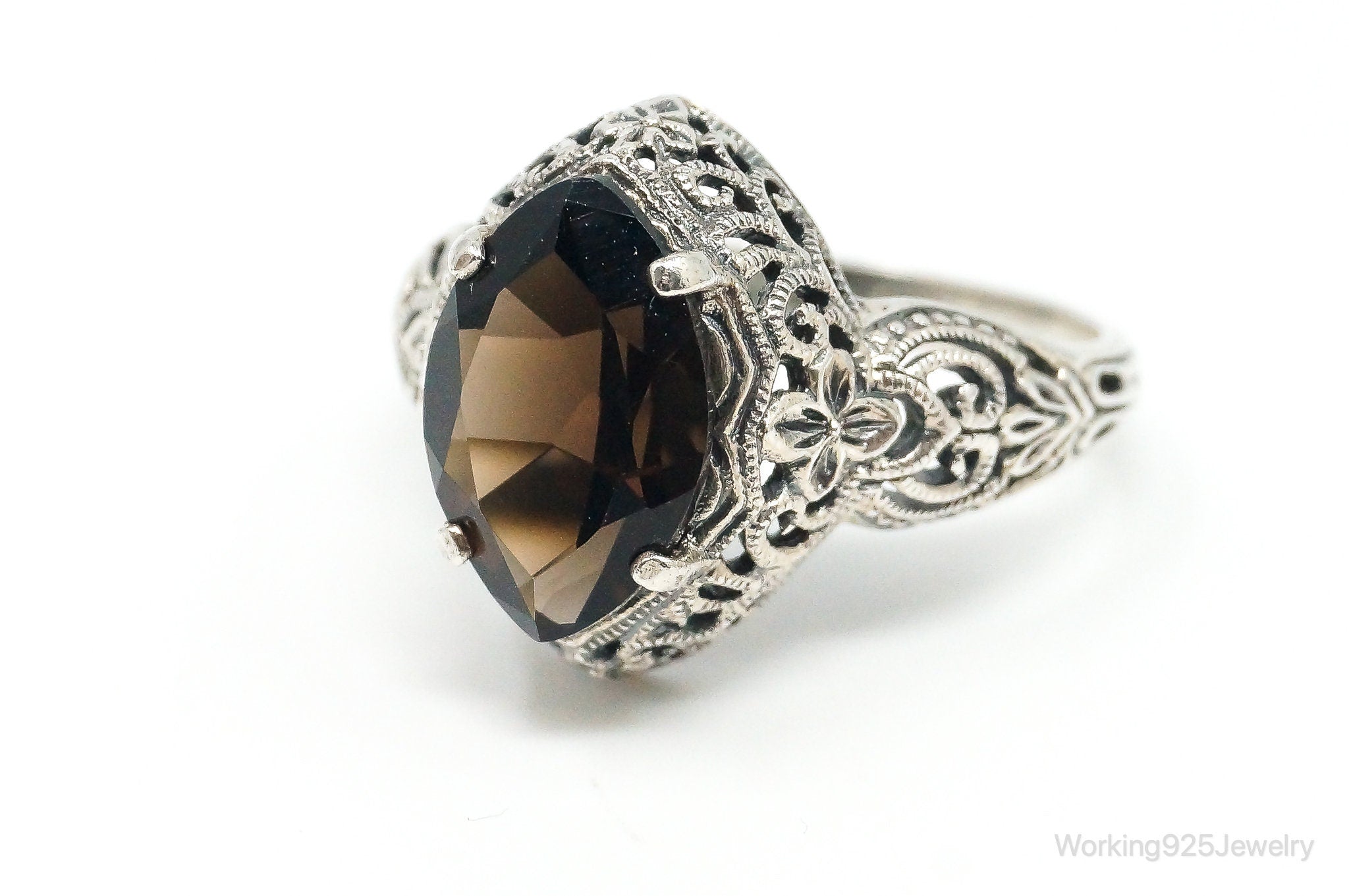 Vintage Designer CNA Smoky Topaz Scroll Sterling Silver Ring - Size 9