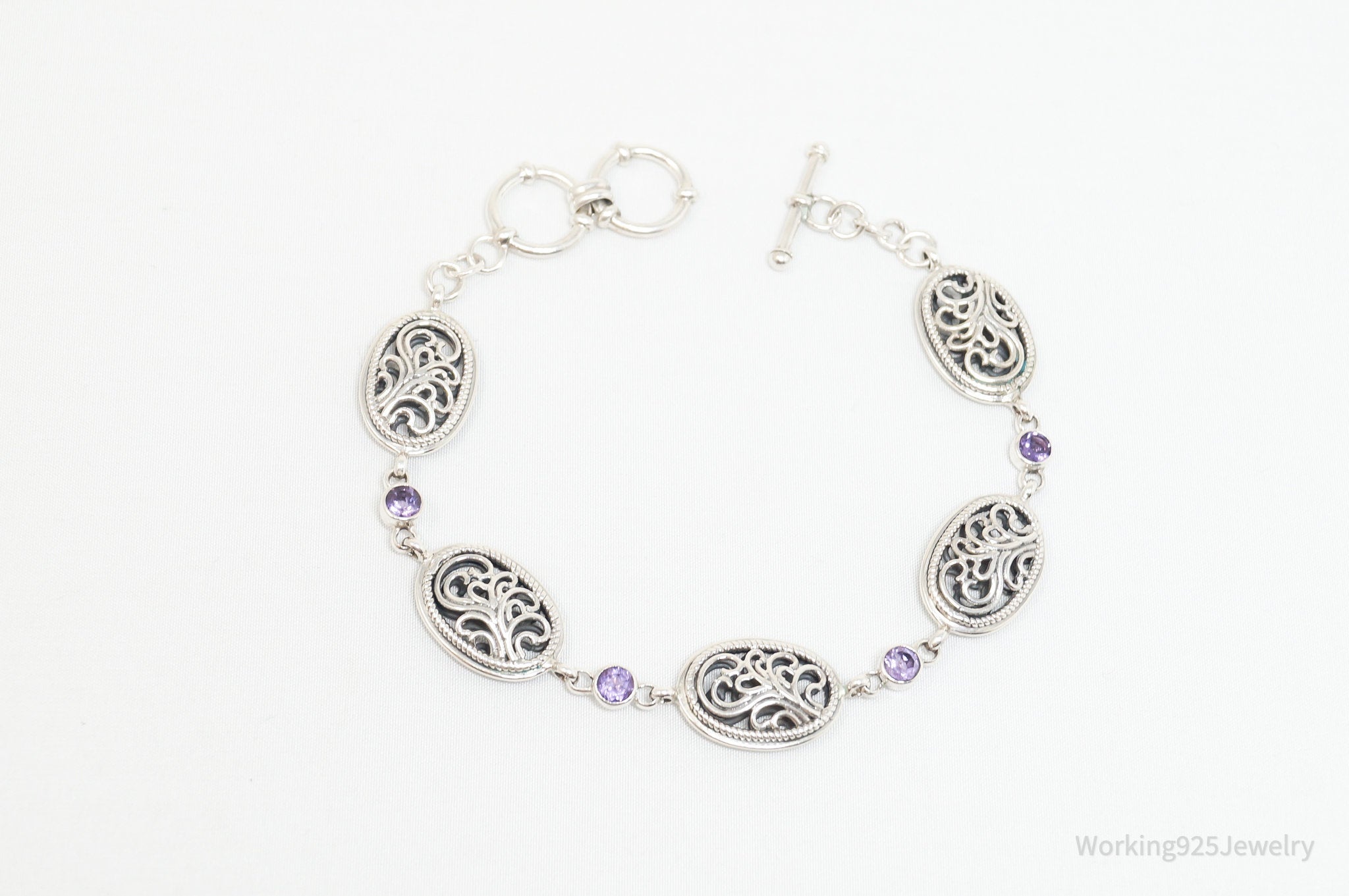 Vintage Amethyst Filigree Scroll Style Sterling Silver Bracelet