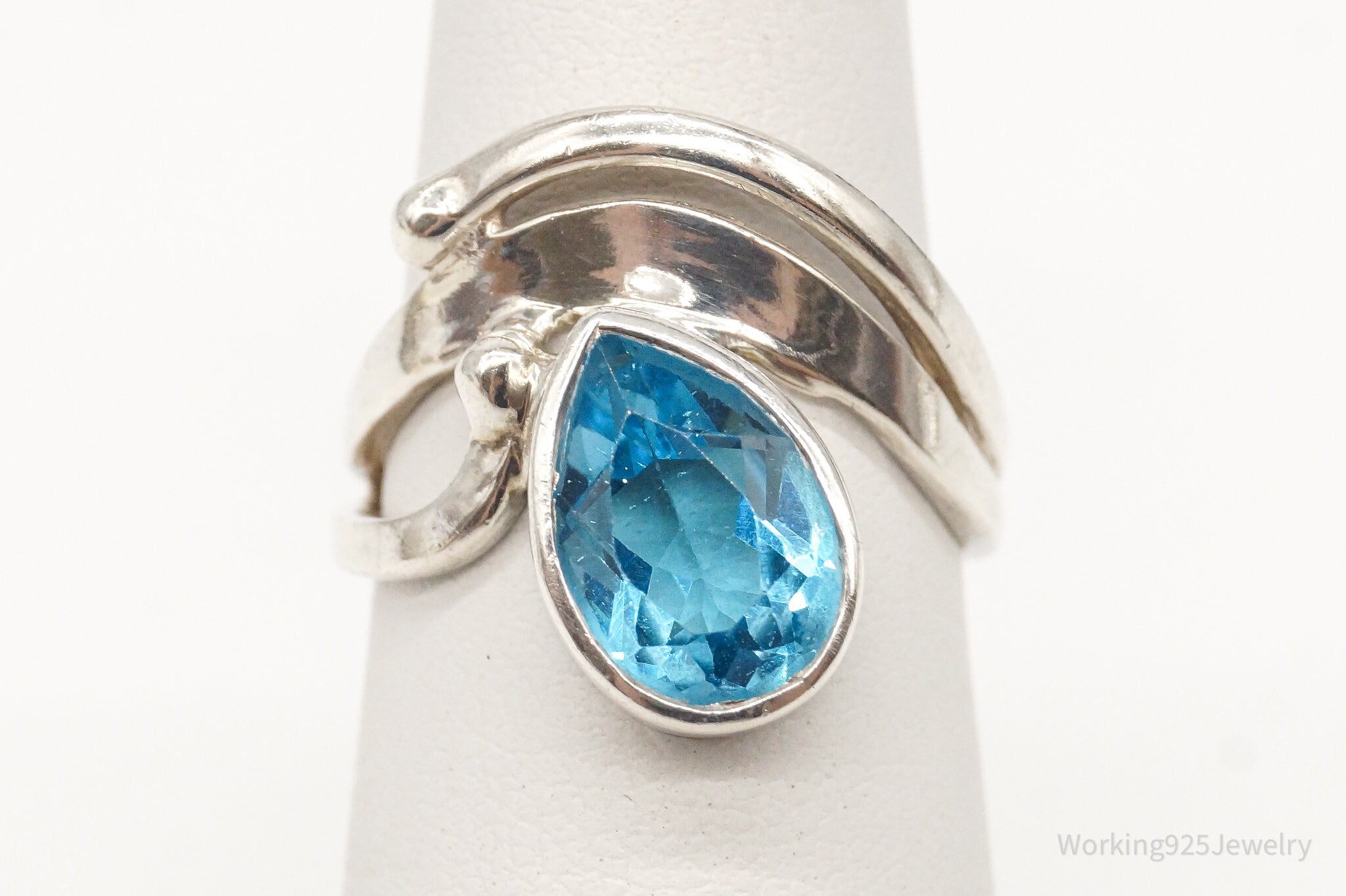 Vintage Large Blue Topaz Gemstone Sterling Silver Ring - Size 4.75