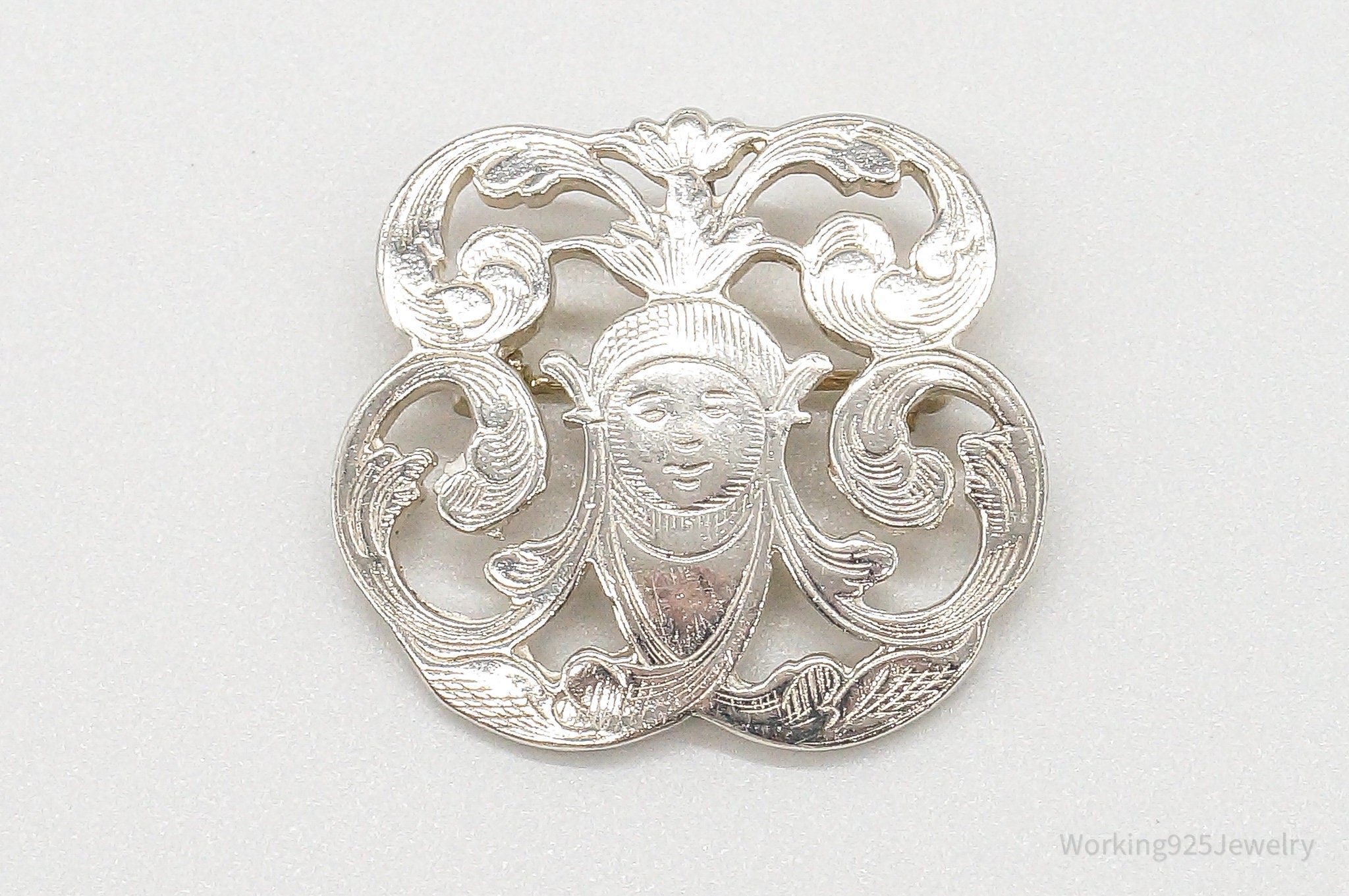 Vintage Designer IC Goddess Etched Sterling Silver Brooch/Pendant