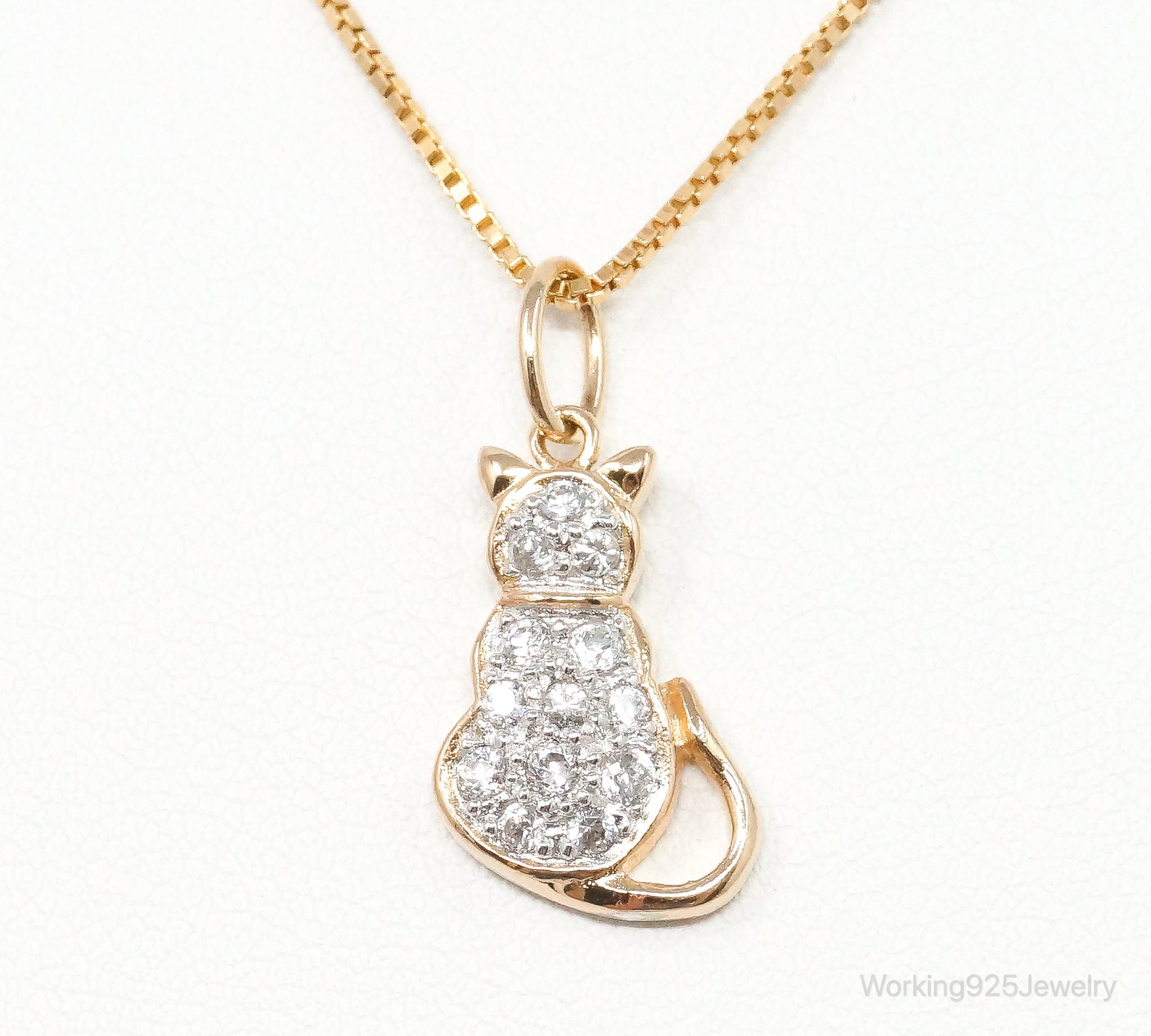 Designer Cubic Zirconia Gold Vermeil Cat Sterling Silver Necklace