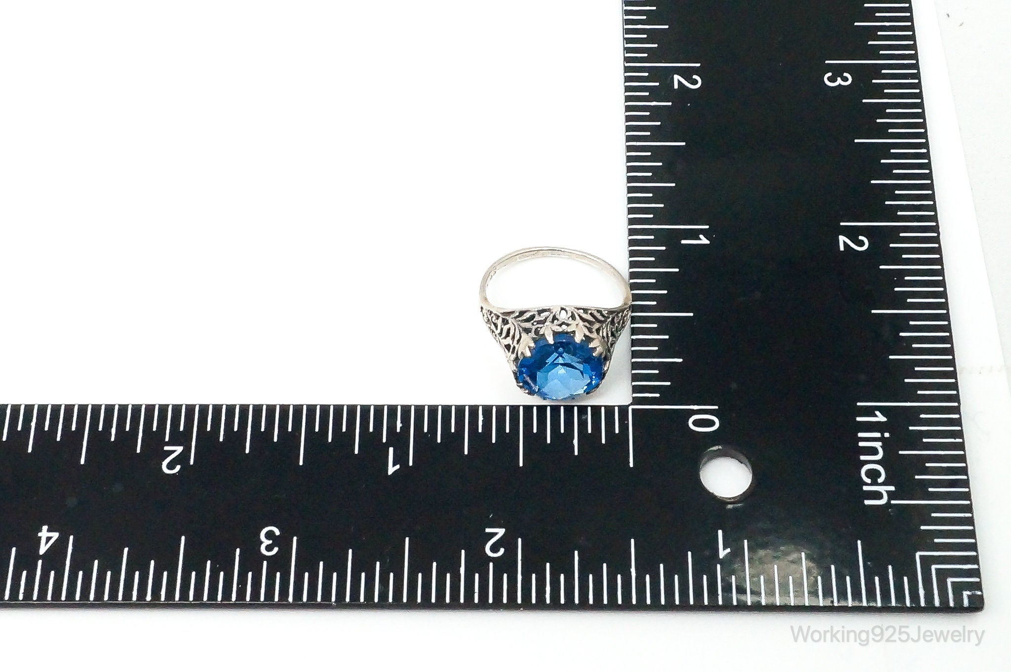 Antique Bright Blue Glass Round Solitaire Sterling Silver Ring Size 5.75