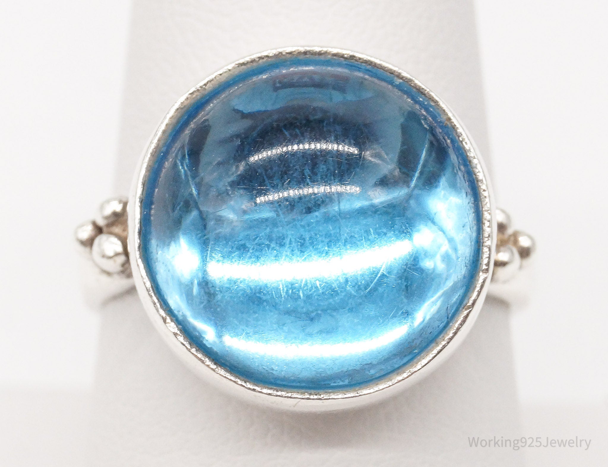 Vintage Large Blue Luminescent Faux Stone Sterling Silver Ring - Size 8.75