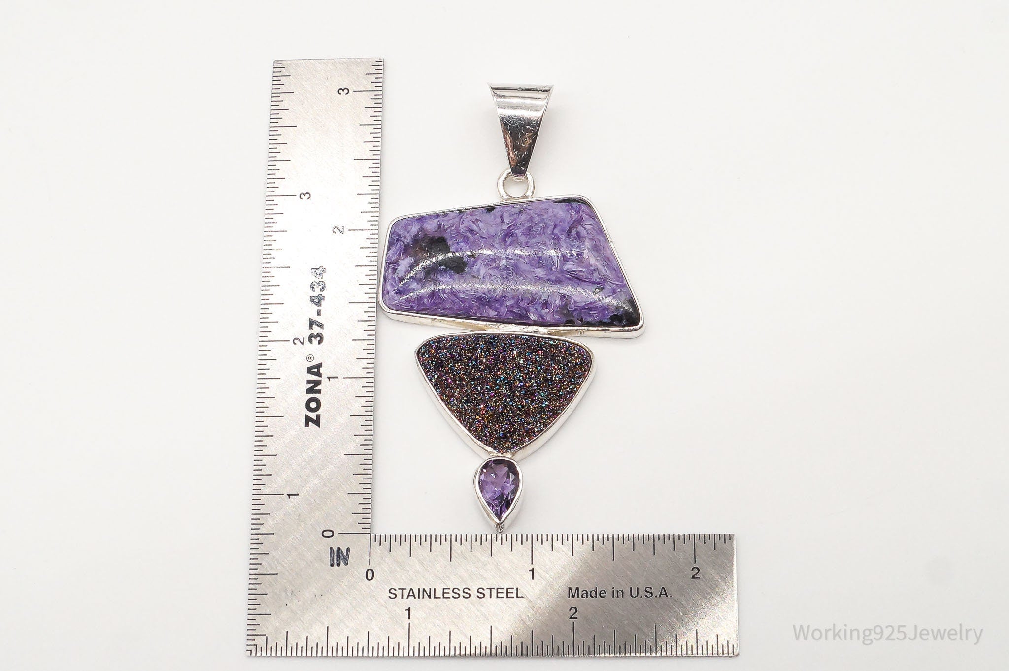 Large Vintage OBSIDIAN Charoite Druzy Quartz Amethyst Sterling Silver Pendant