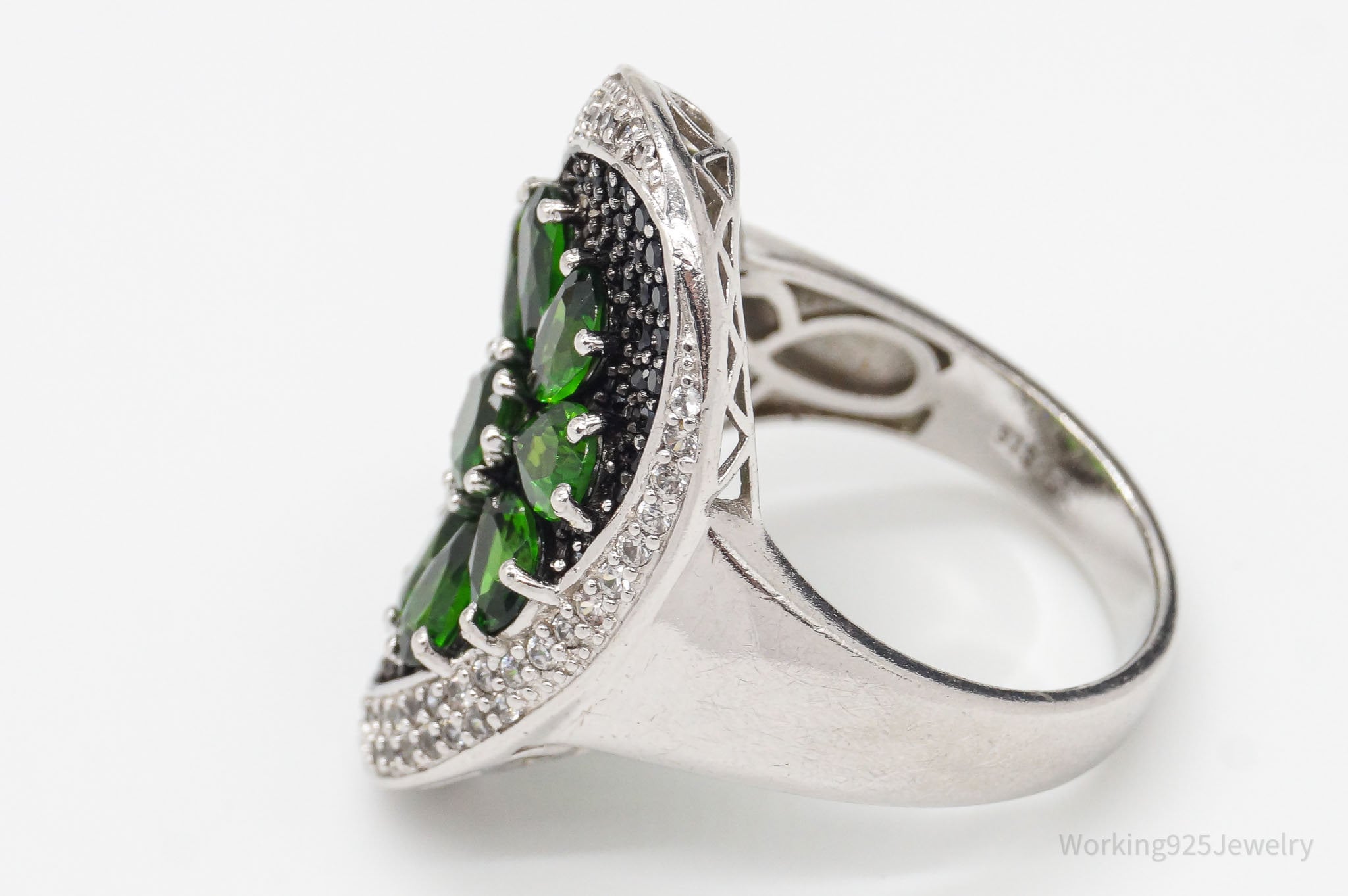 Green Chrome Diopside Black Spinel White Topaz Sterling Silver Ring SZ 10