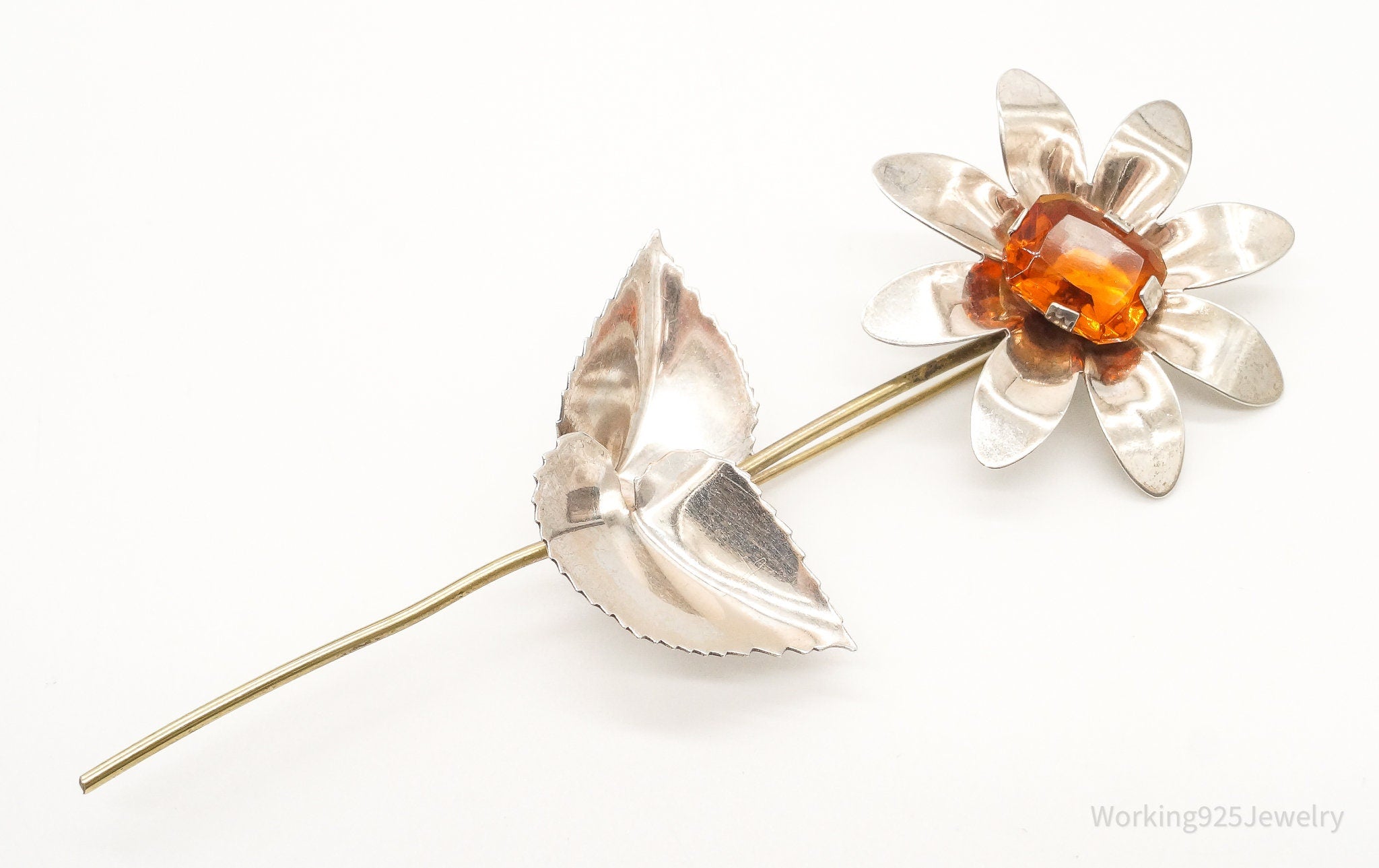 Antique Large Orange Stone Flower Sterling Silver Brooch Pin