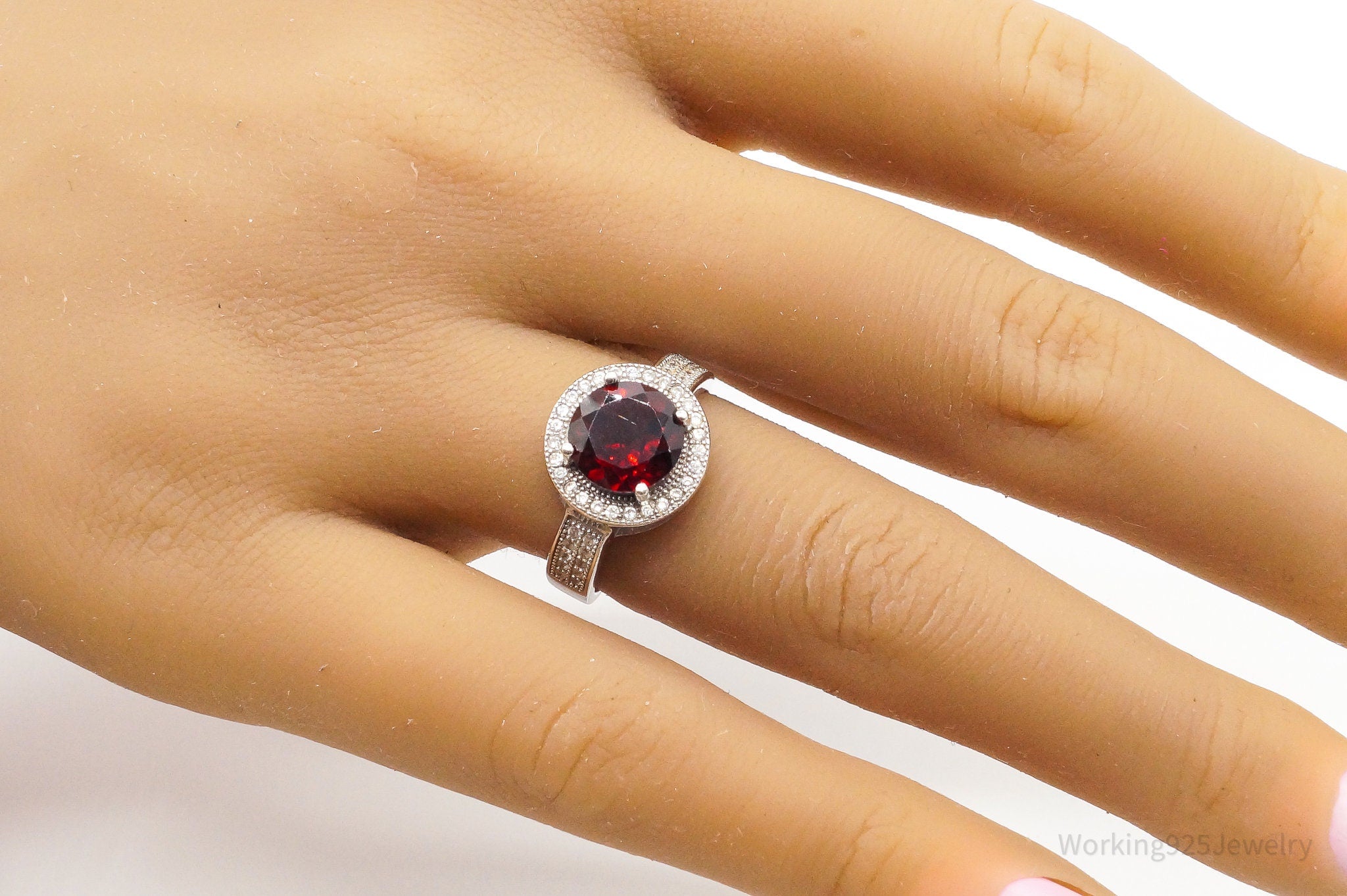 Vintage Garnet Cubic Zirconia Sterling Silver Ring - Size 7